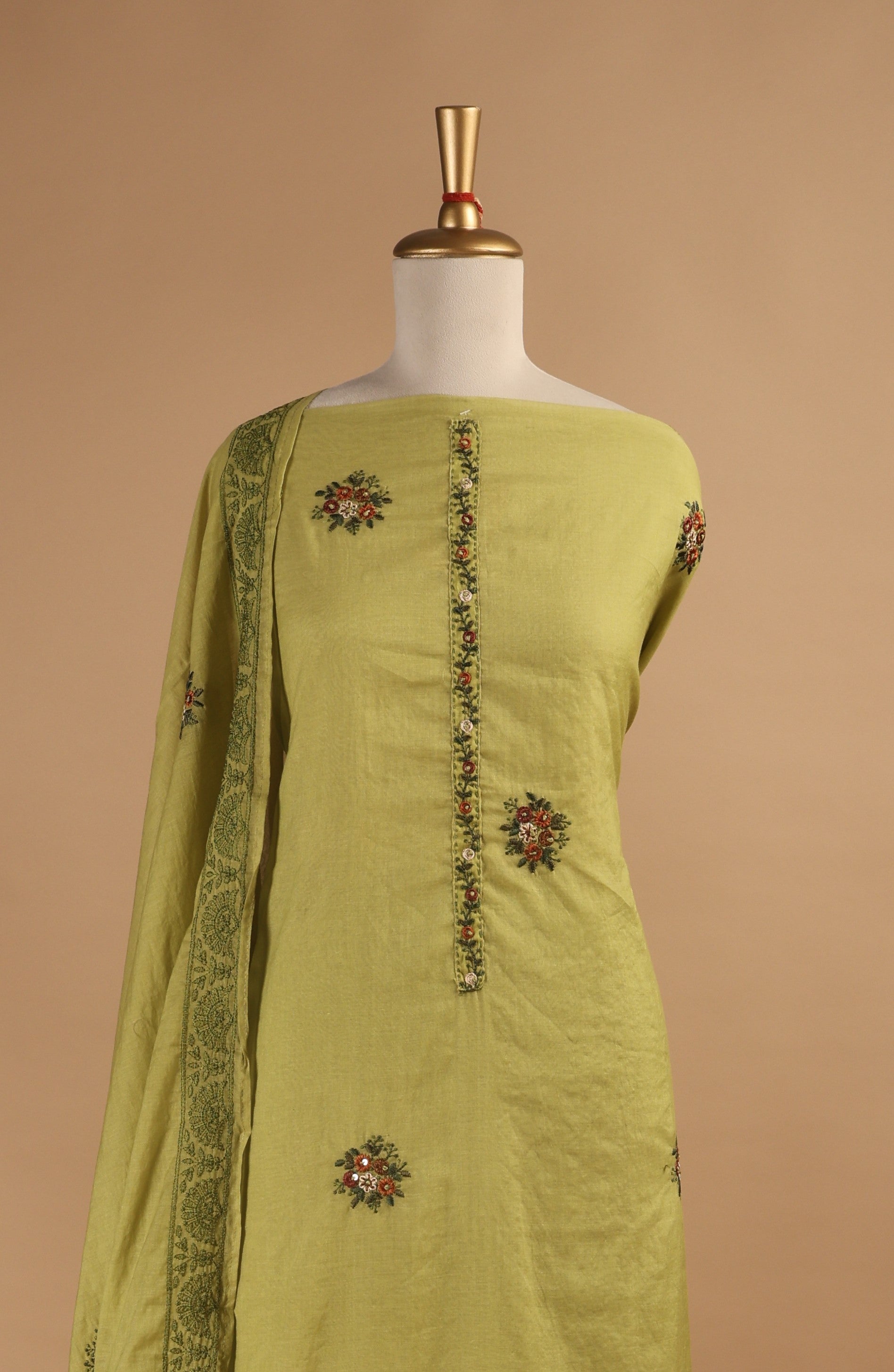 Lime Green Mul Chanderi Unstitched Suit with Multi-Colour Thread Embroidery