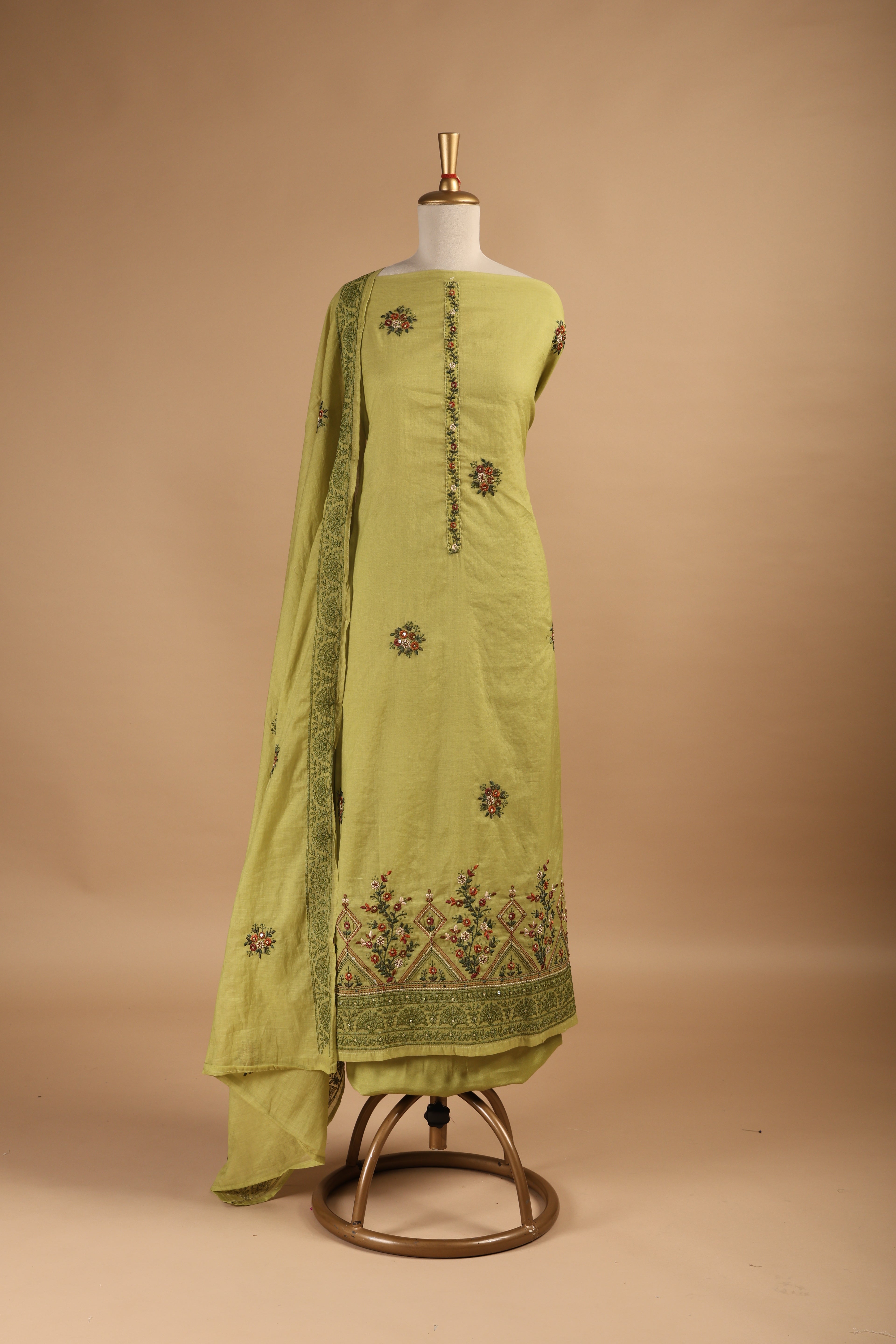 Lime Green Mul Chanderi Unstitched Suit with Multi-Colour Thread Embroidery