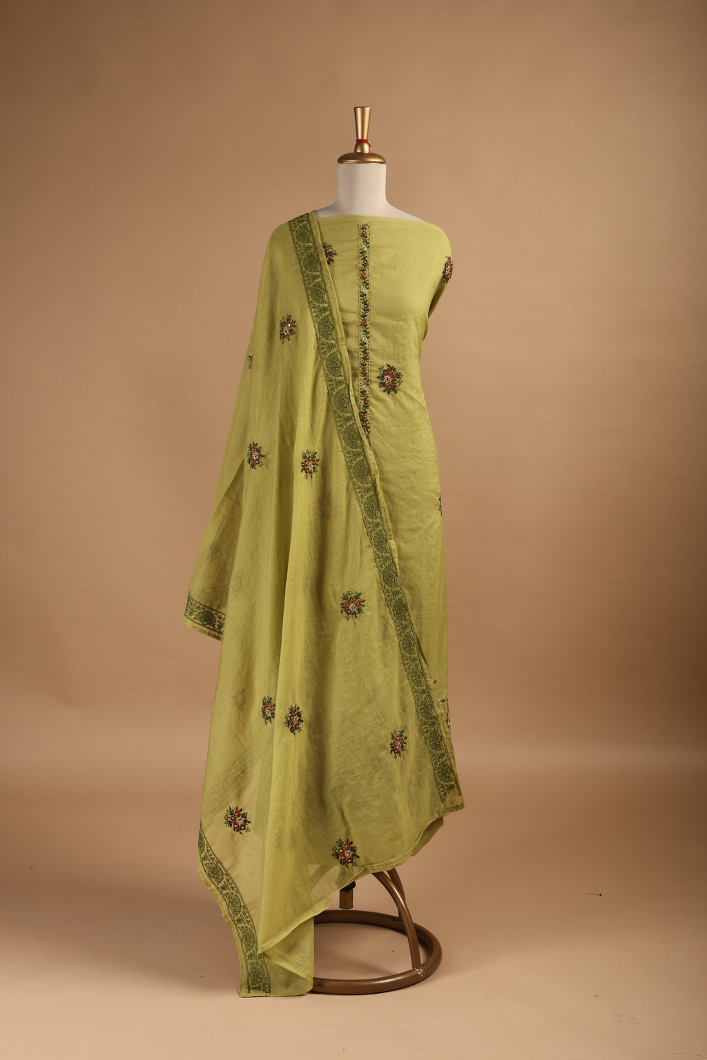 Lime Green Mul Chanderi Unstitched Suit with Multi-Colour Thread Embroidery