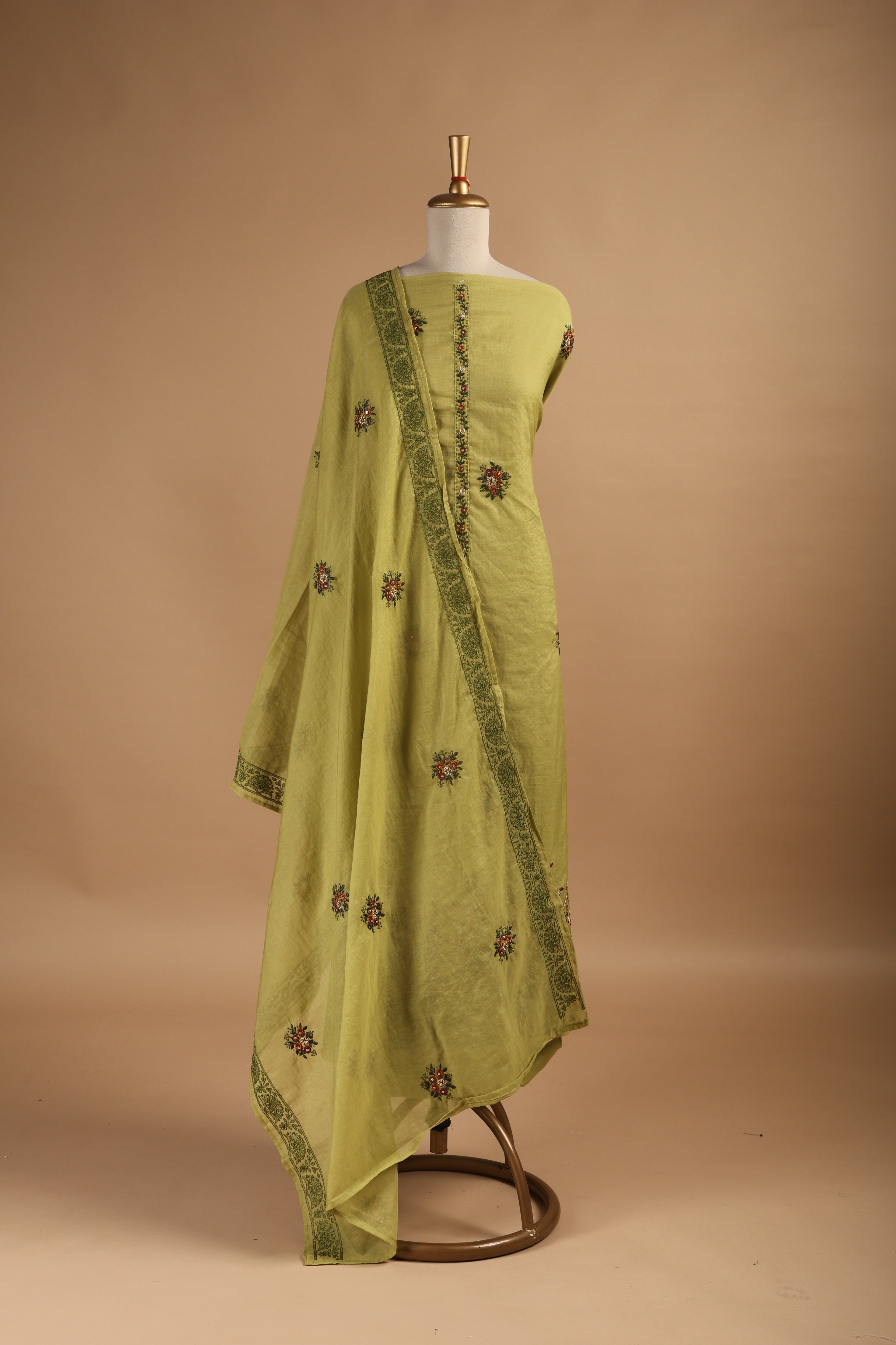 Lime Green Mul Chanderi Unstitched Suit with Multi-Colour Thread Embroidery