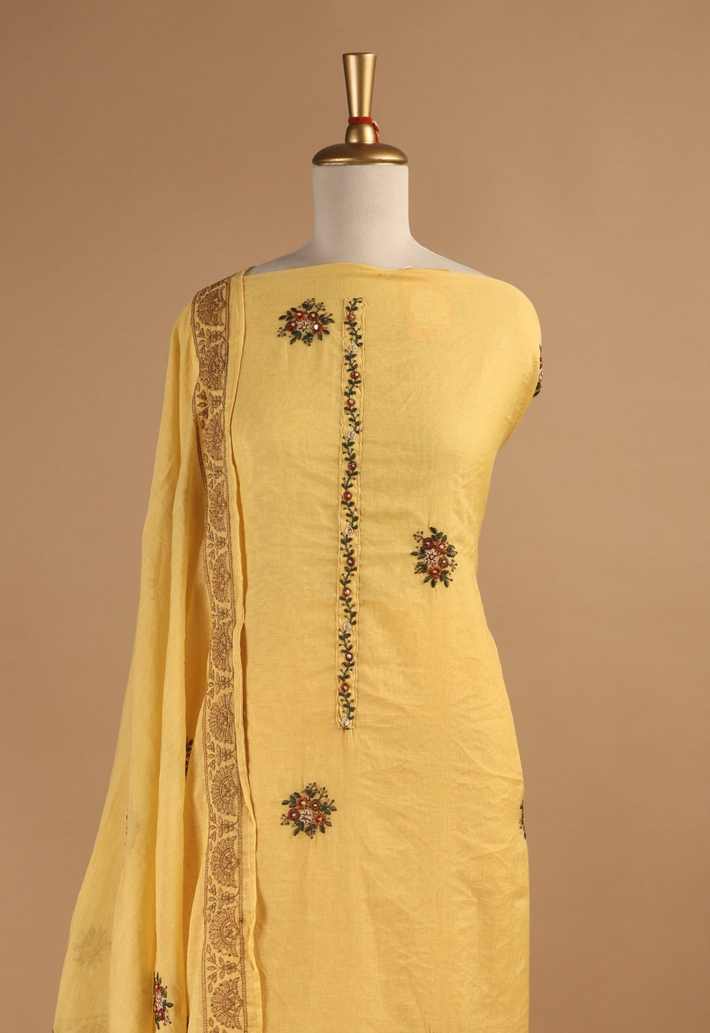 Yellow Thread Embroidered Unstitched 3-Piece Suit Set in Mul Chanderi