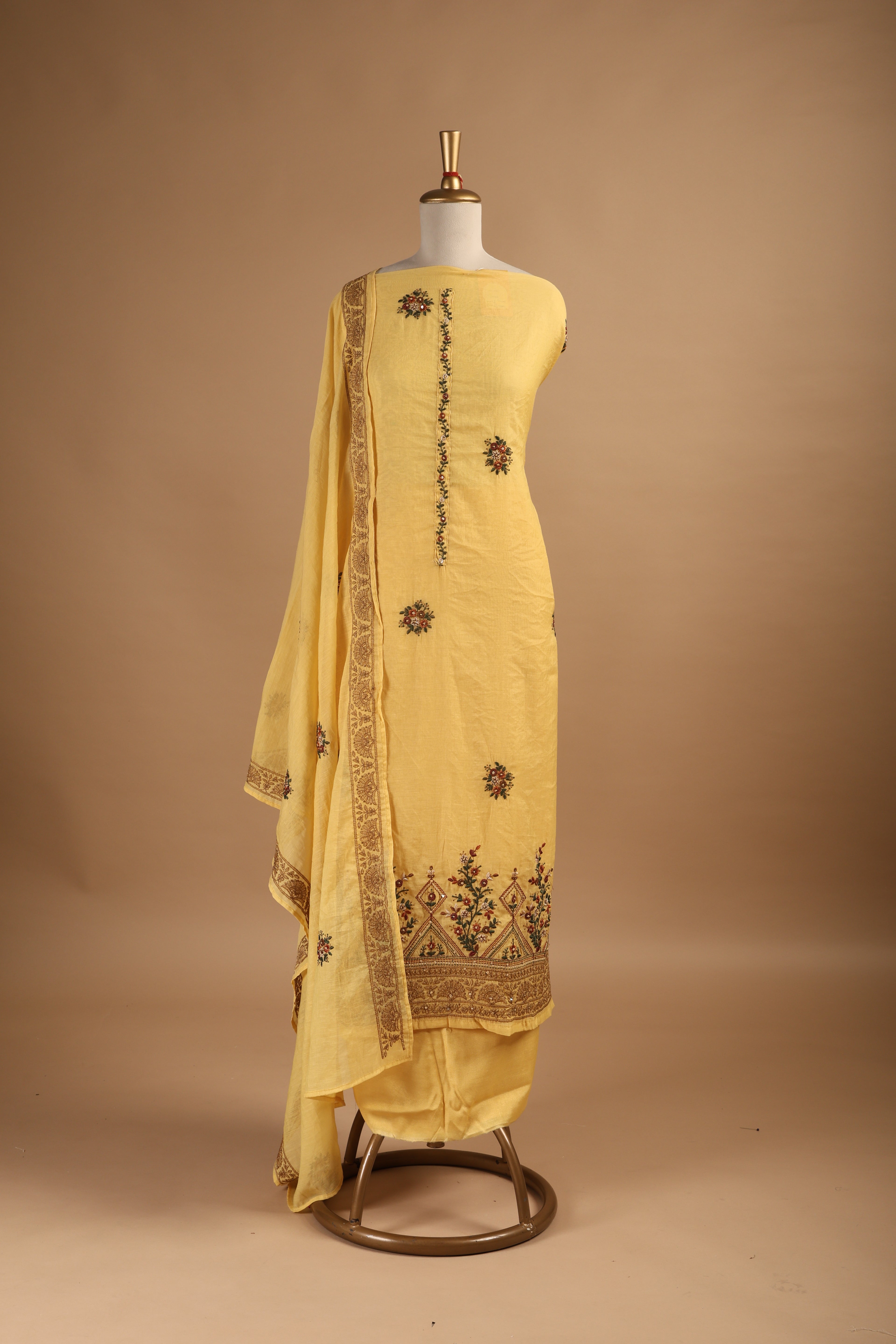 Yellow Thread Embroidered Unstitched 3-Piece Suit Set in Mul Chanderi