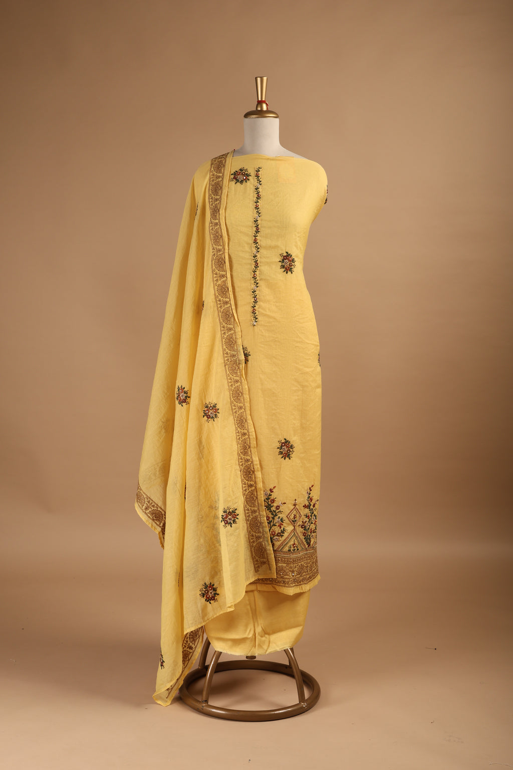 Yellow Thread Embroidered Unstitched 3-Piece Suit Set in Mul Chanderi
