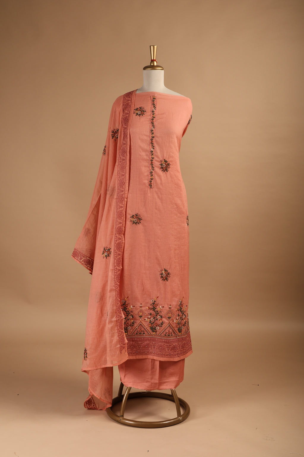 Dark Peach Multi-Coloured Embroidered Unstitched 3-Piece Suit Set in Mul Chanderi
