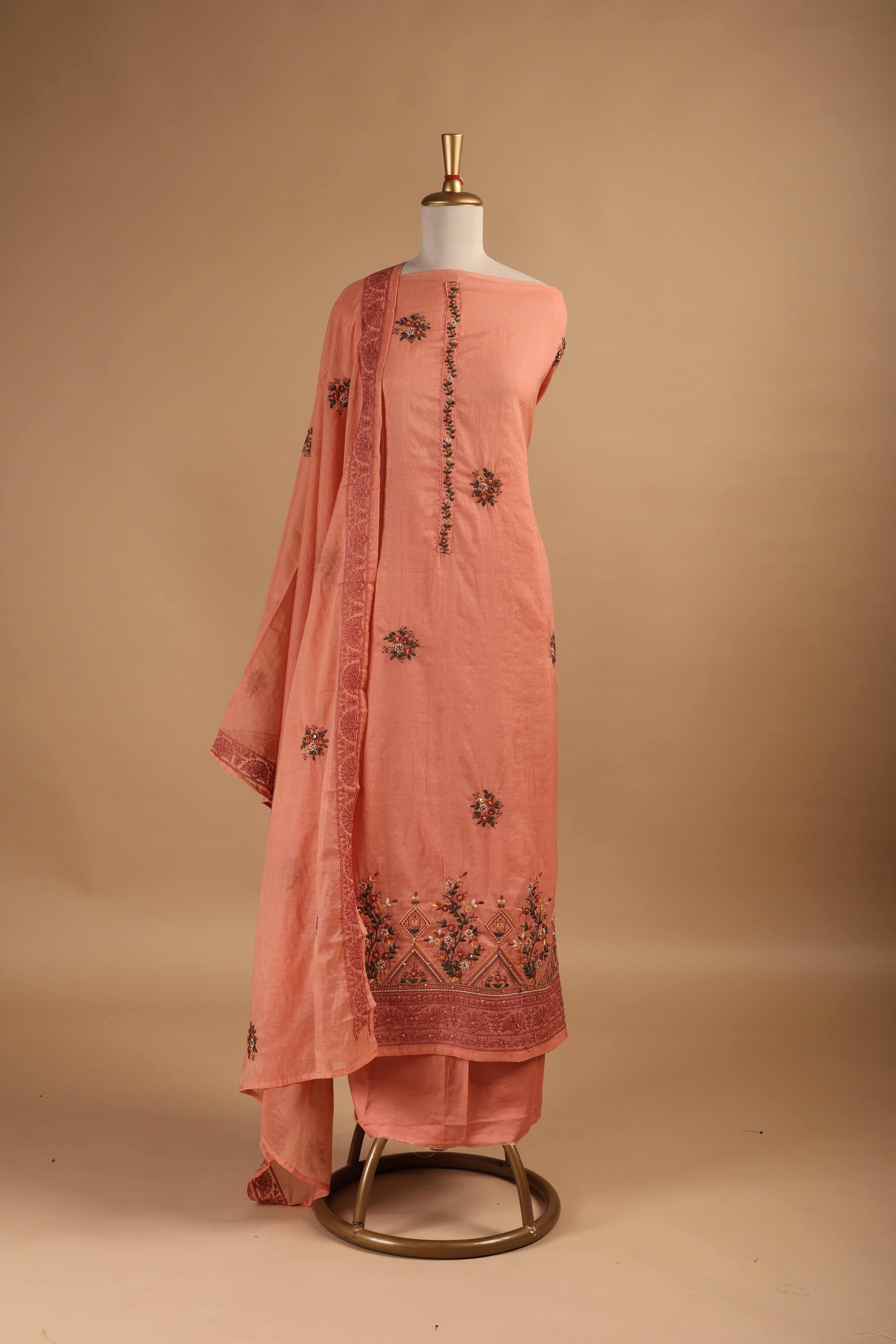 Dark Peach Multi-Coloured Embroidered Unstitched 3-Piece Suit Set in Mul Chanderi