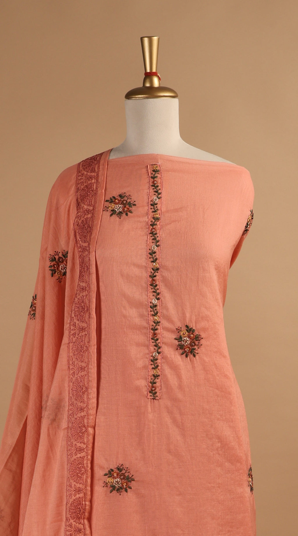 Dark Peach Multi-Coloured Embroidered Unstitched 3-Piece Suit Set in Mul Chanderi