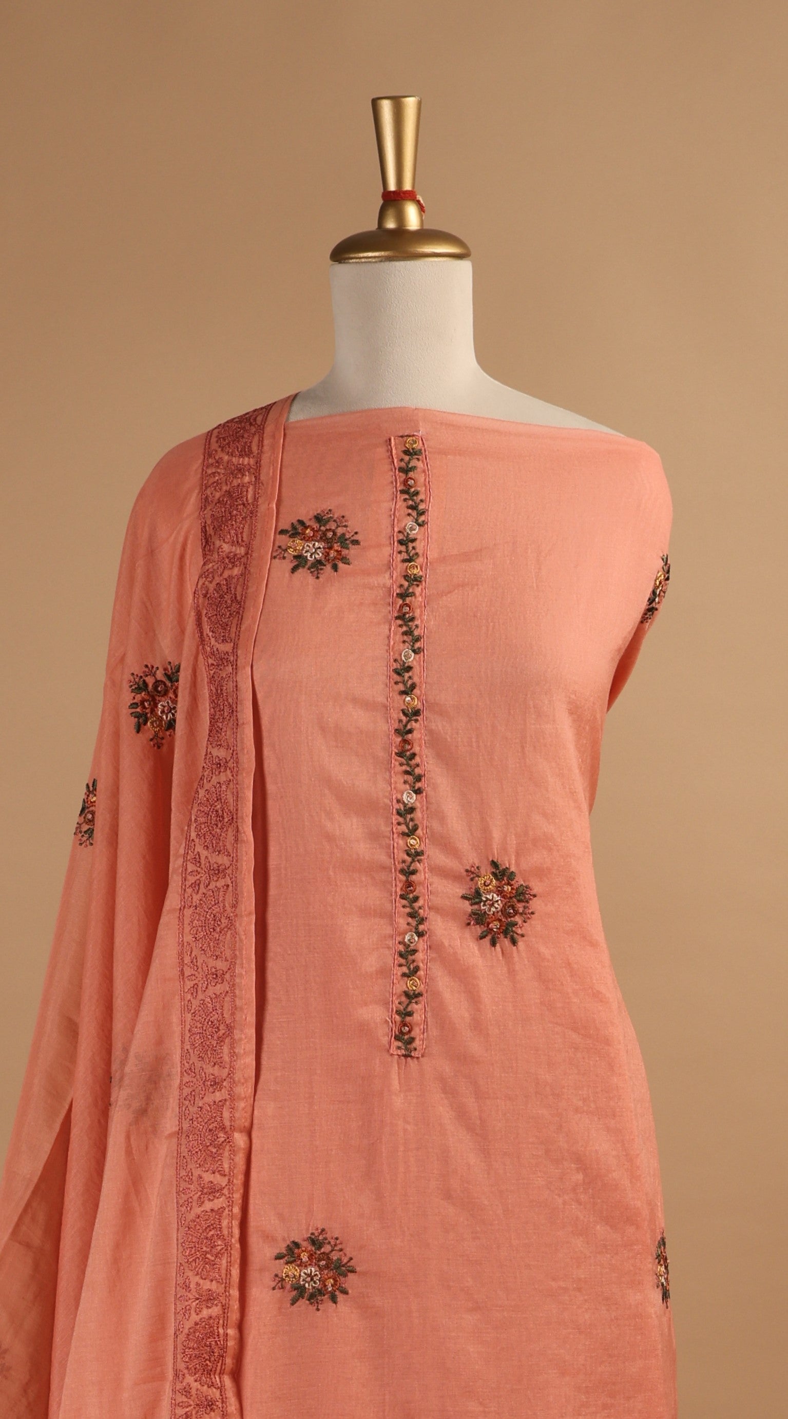 Dark Peach Multi-Coloured Embroidered Unstitched 3-Piece Suit Set in Mul Chanderi