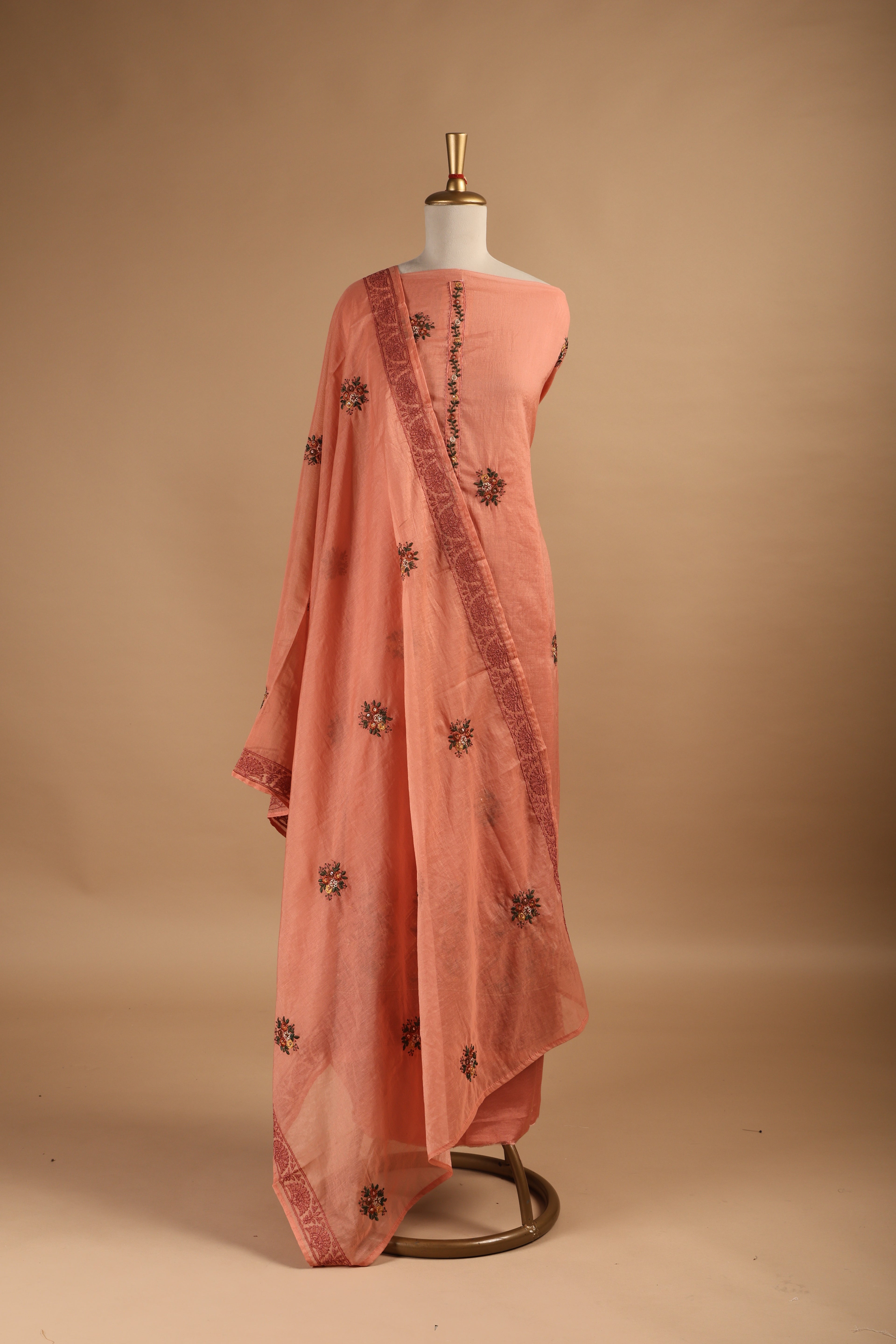 Dark Peach Multi-Coloured Embroidered Unstitched 3-Piece Suit Set in Mul Chanderi