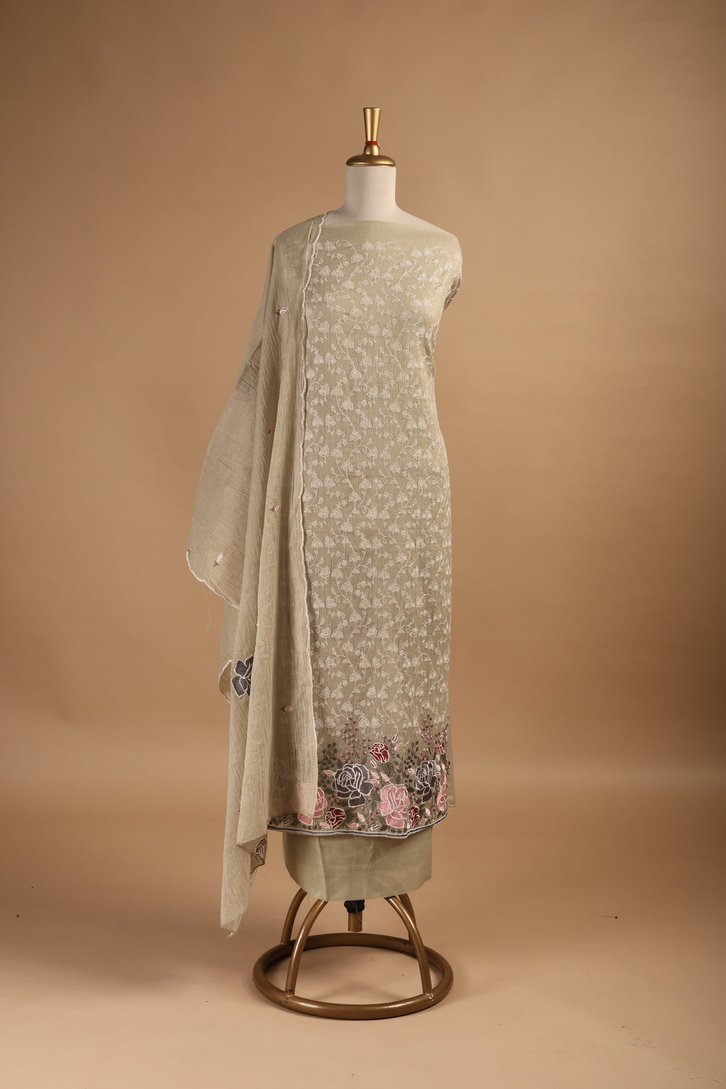 Beige Thread Embroidered Unstitched 3-Piece Suit Set in Mul Chanderi