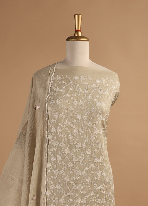Beige Thread Embroidered Unstitched 3-Piece Suit Set in Mul Chanderi