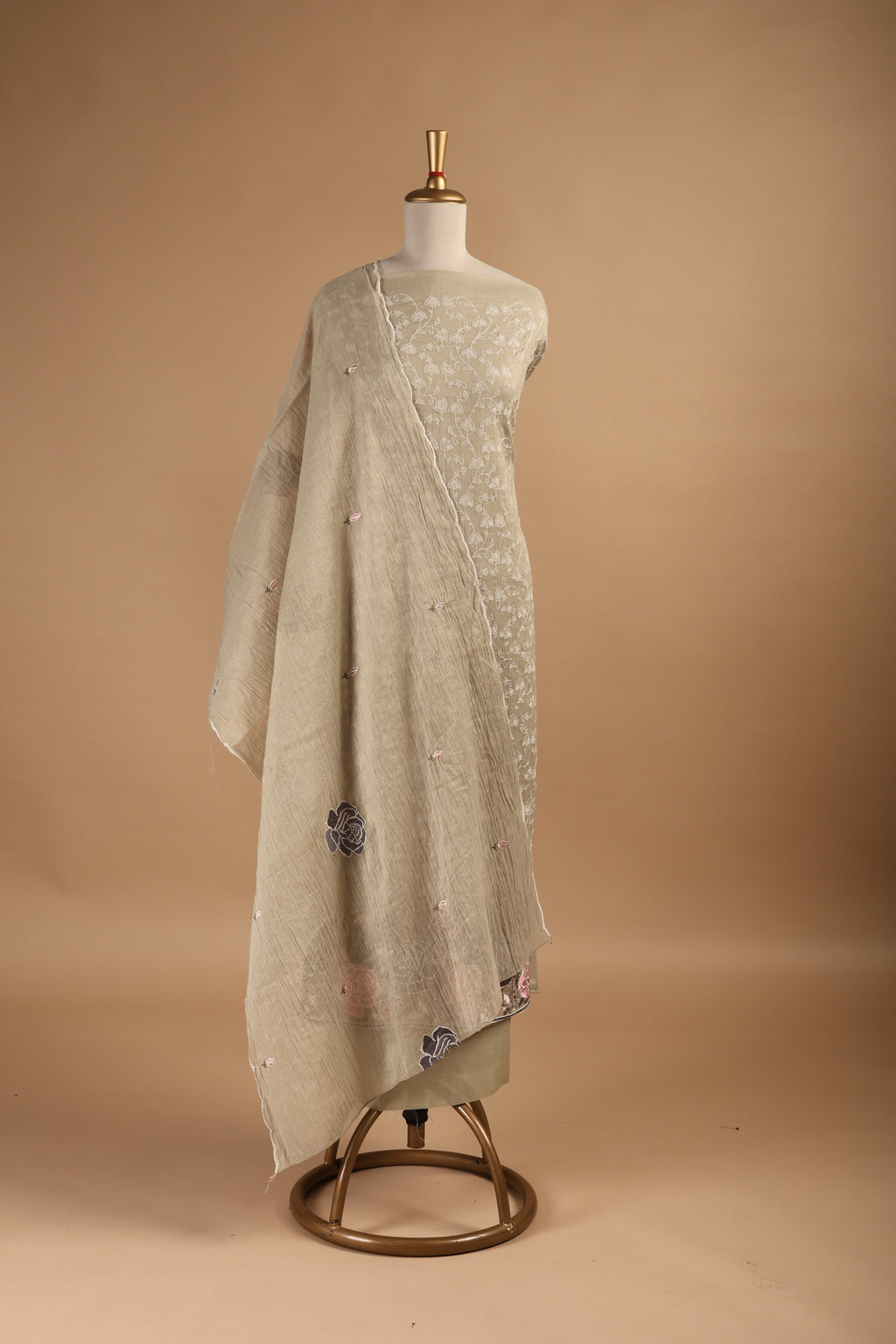 Beige Thread Embroidered Unstitched 3-Piece Suit Set in Mul Chanderi