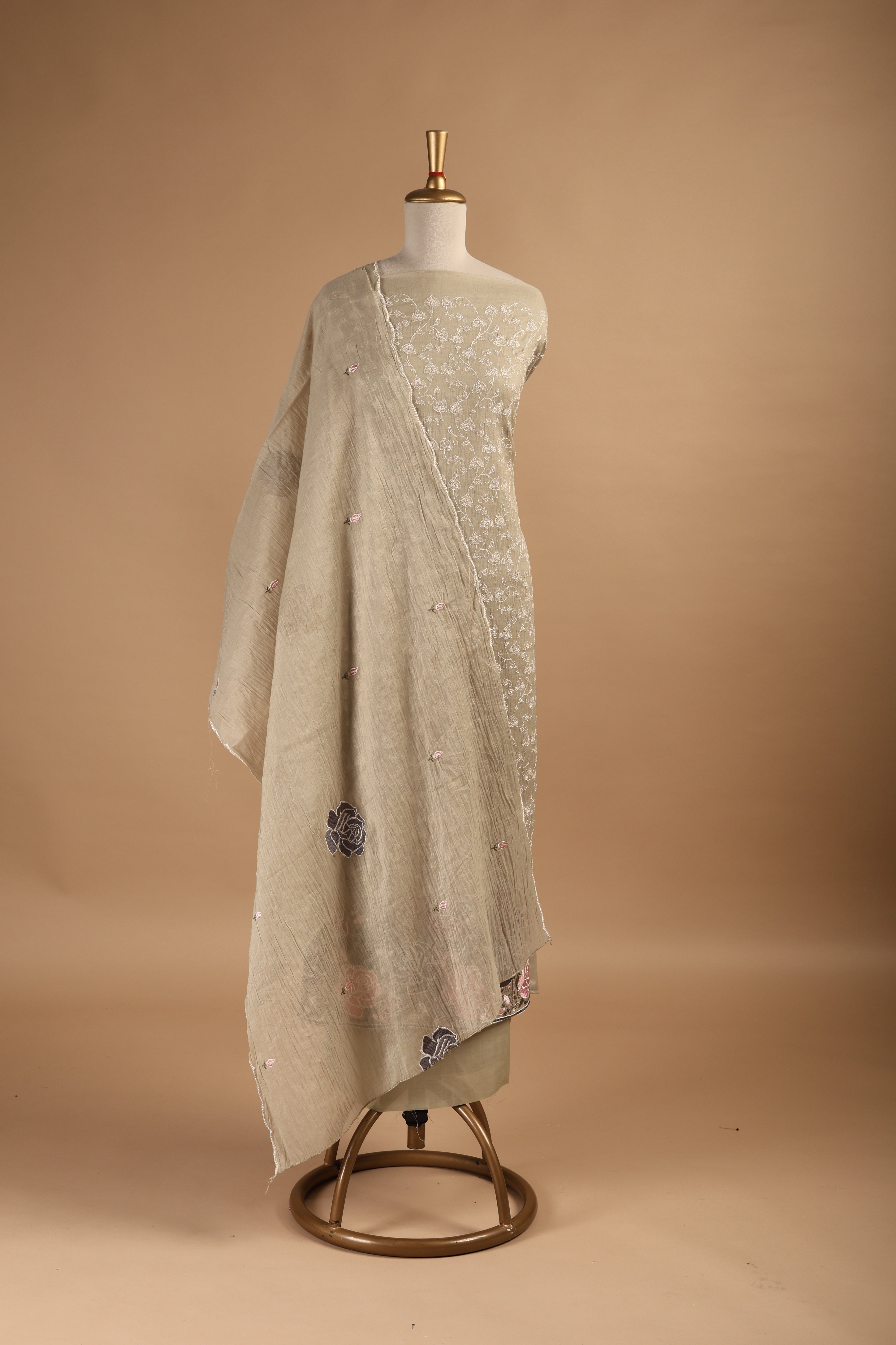 Beige Thread Embroidered Unstitched 3-Piece Suit Set in Mul Chanderi