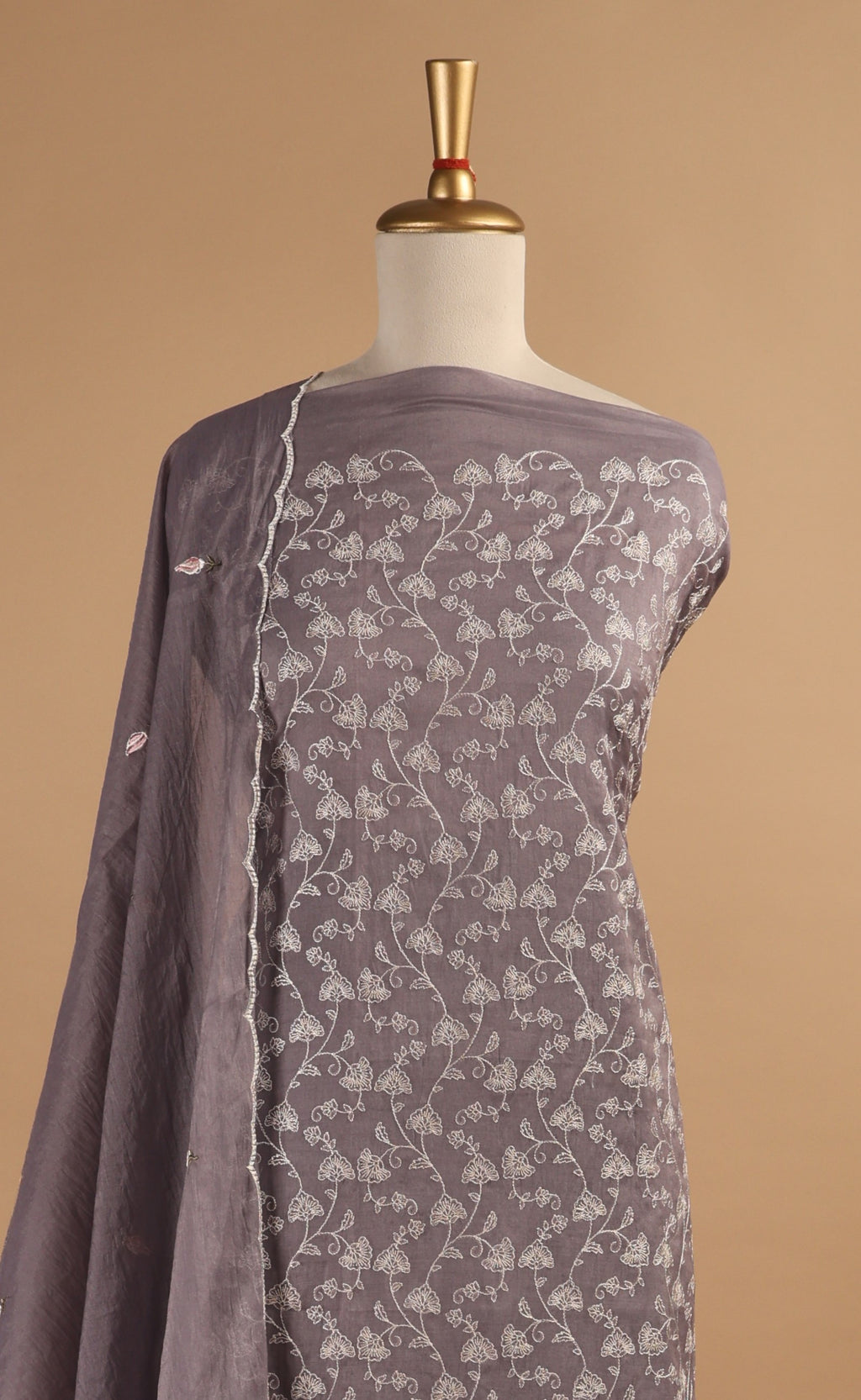 Lavender Thread Embroidered Unstitched 3-Piece Suit Set in Mul Chanderi