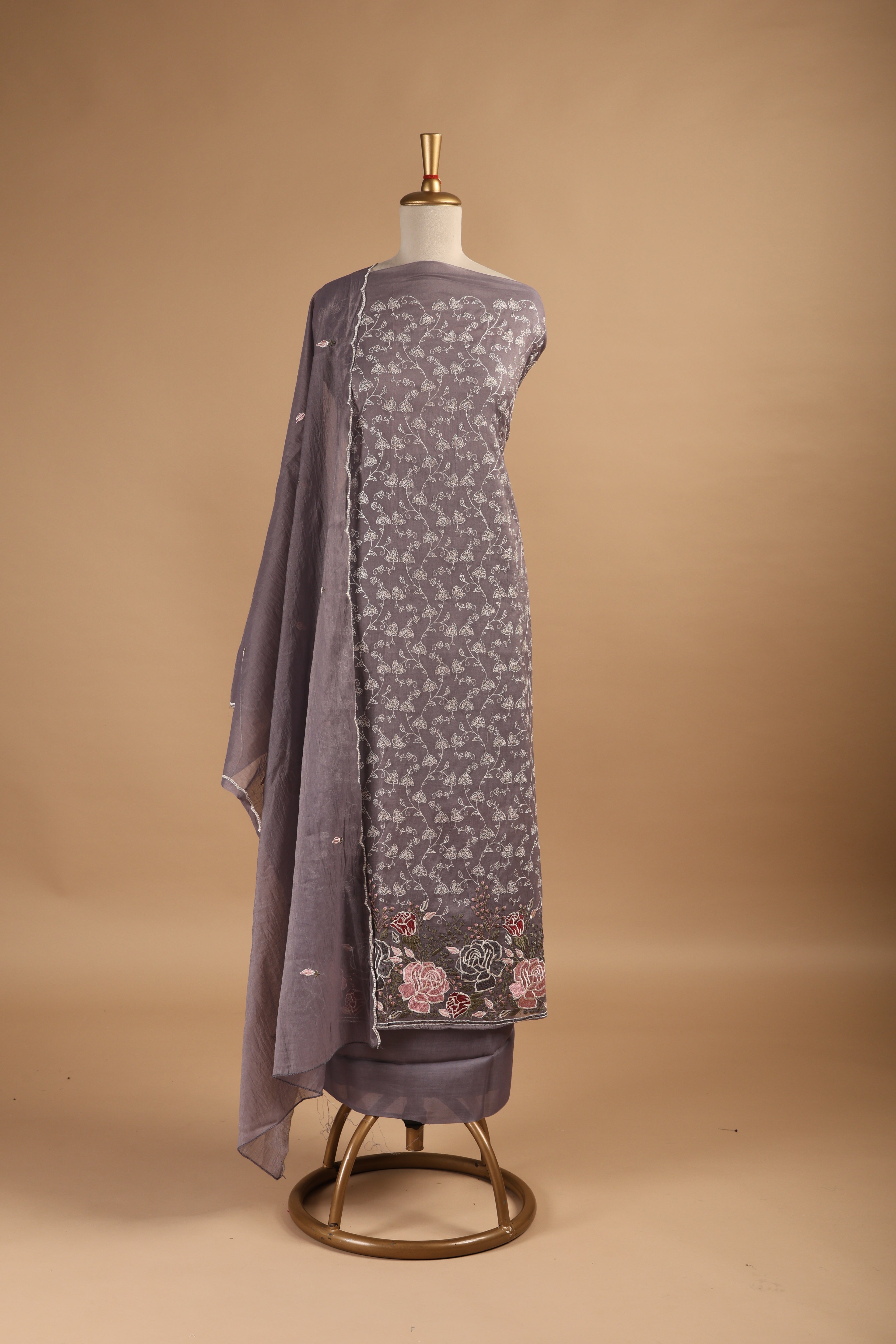 Lavender Thread Embroidered Unstitched 3-Piece Suit Set in Mul Chanderi