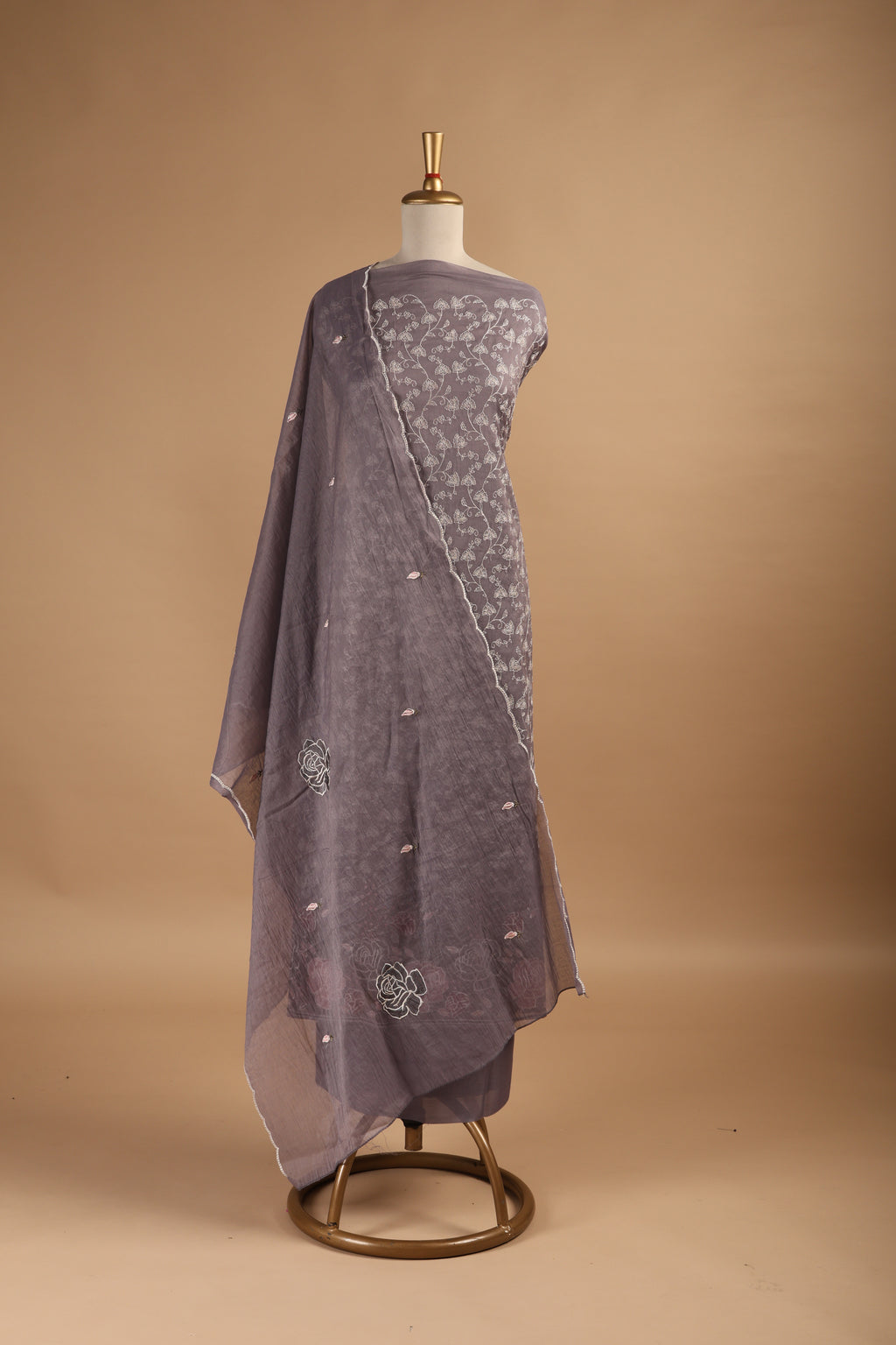 Lavender Thread Embroidered Unstitched 3-Piece Suit Set in Mul Chanderi