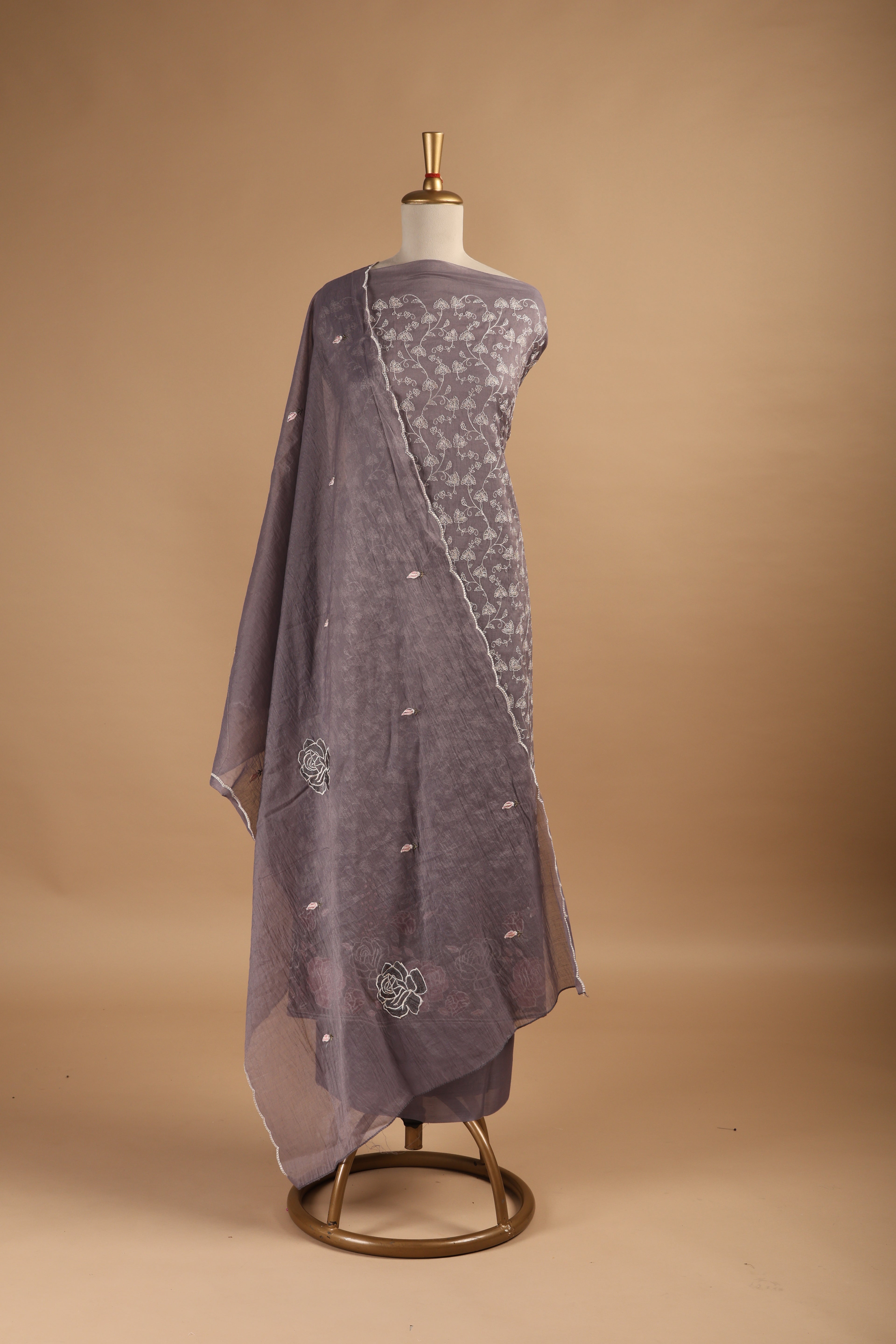 Lavender Thread Embroidered Unstitched 3-Piece Suit Set in Mul Chanderi