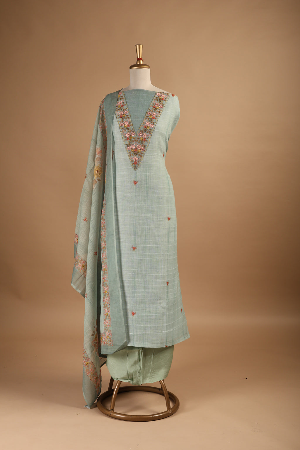 Green Digital Printed Unstitched Suit Set in Linen with Embroidery