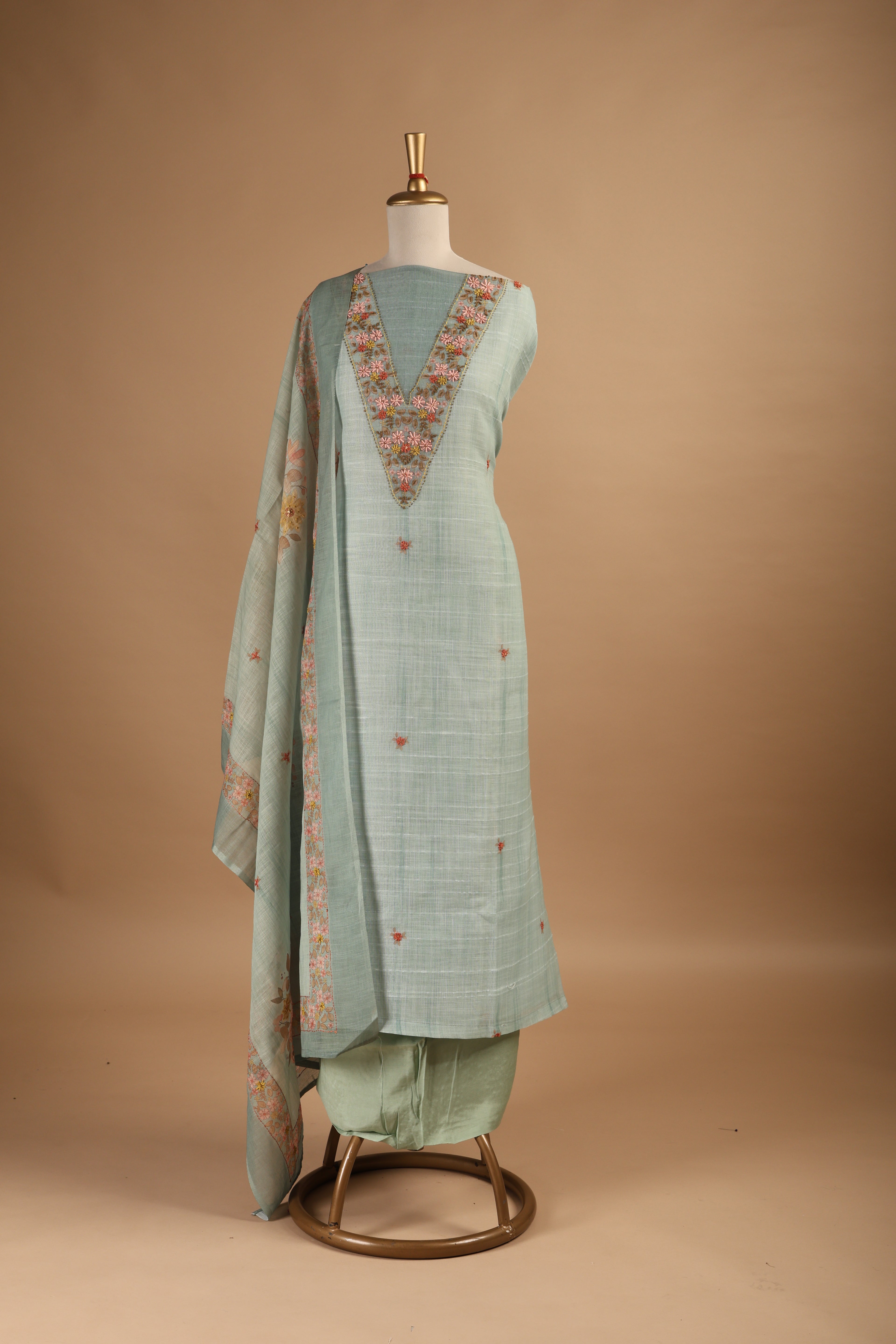 Green Digital Printed Unstitched Suit Set in Linen with Embroidery