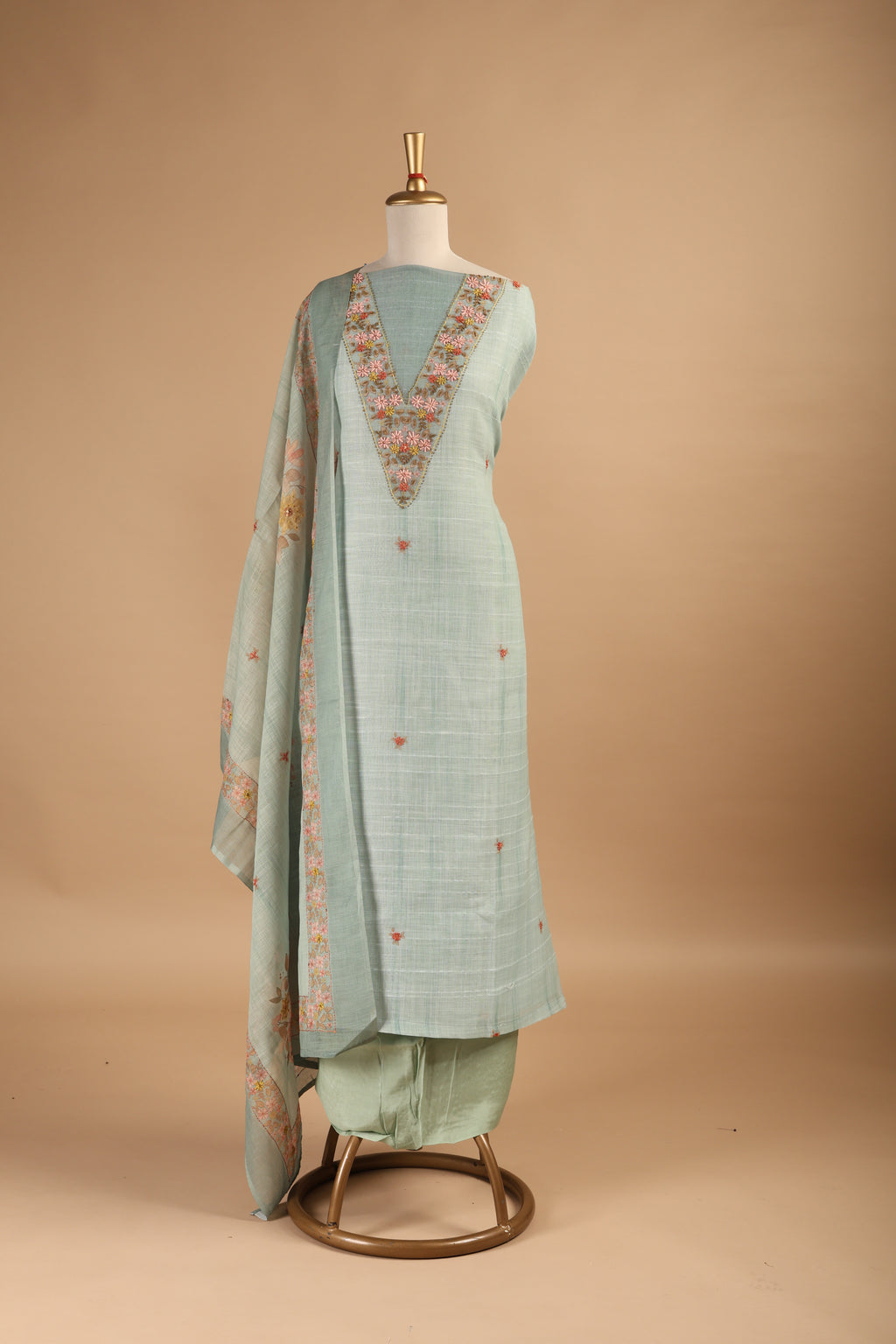 Digitally Printed Linen Suit with French Knot Embroidery