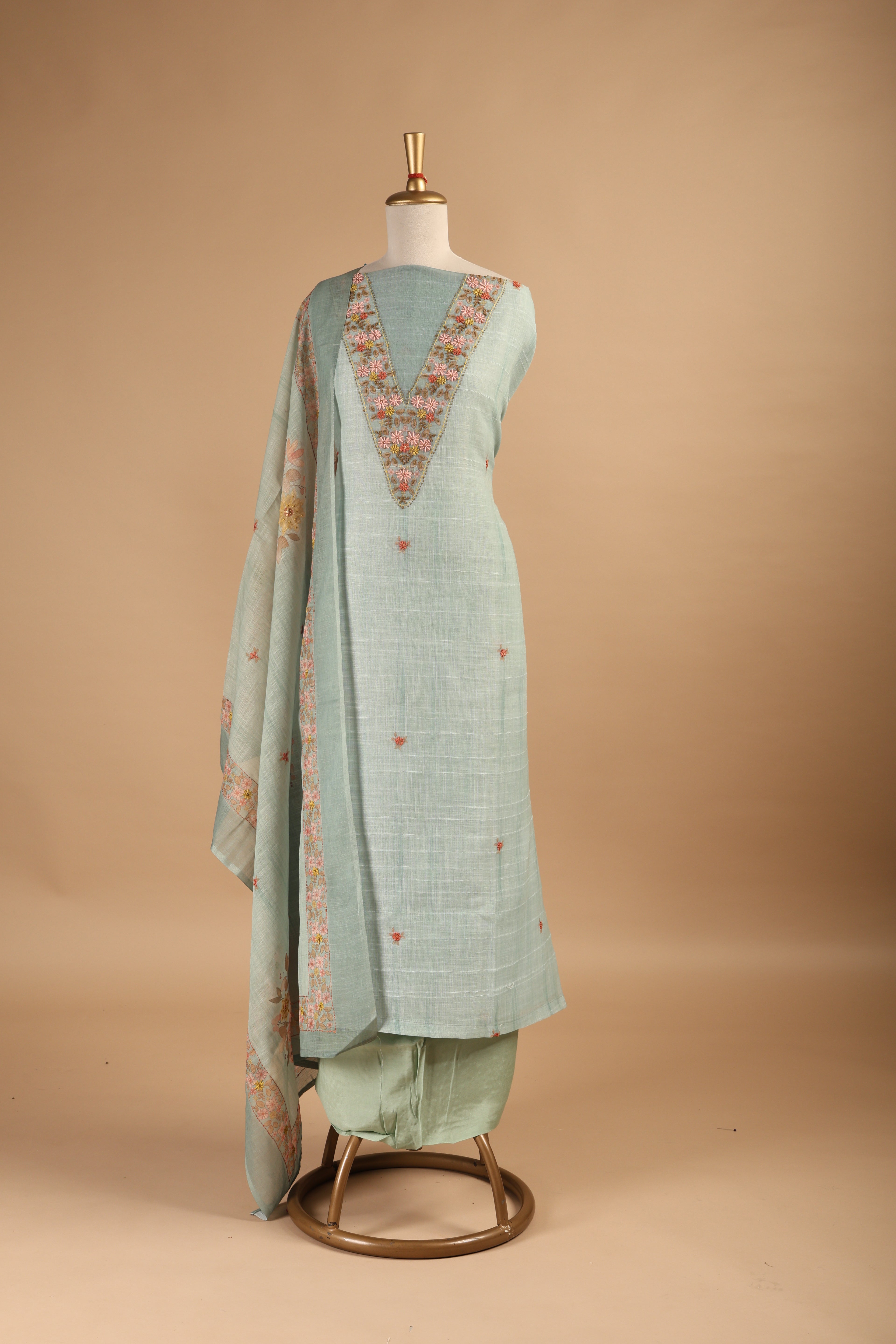 Digitally Printed Linen Suit with French Knot Embroidery