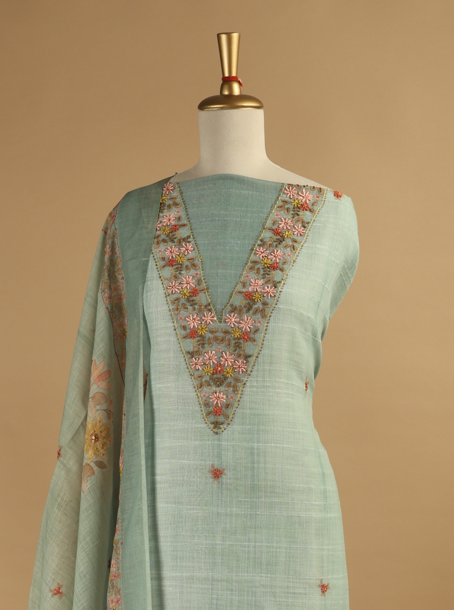 Digitally Printed Linen Suit with French Knot Embroidery