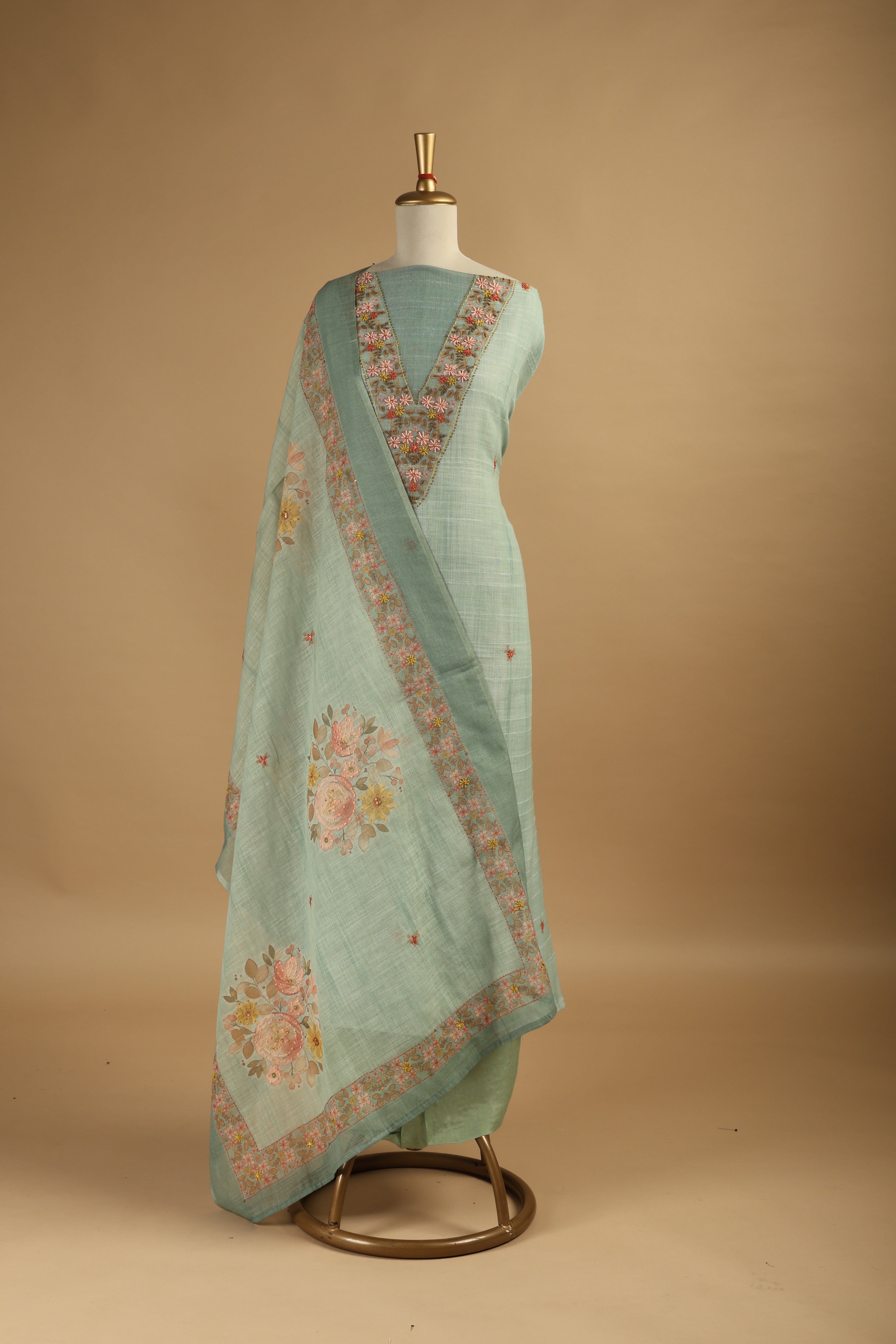 Digitally Printed Linen Suit with French Knot Embroidery