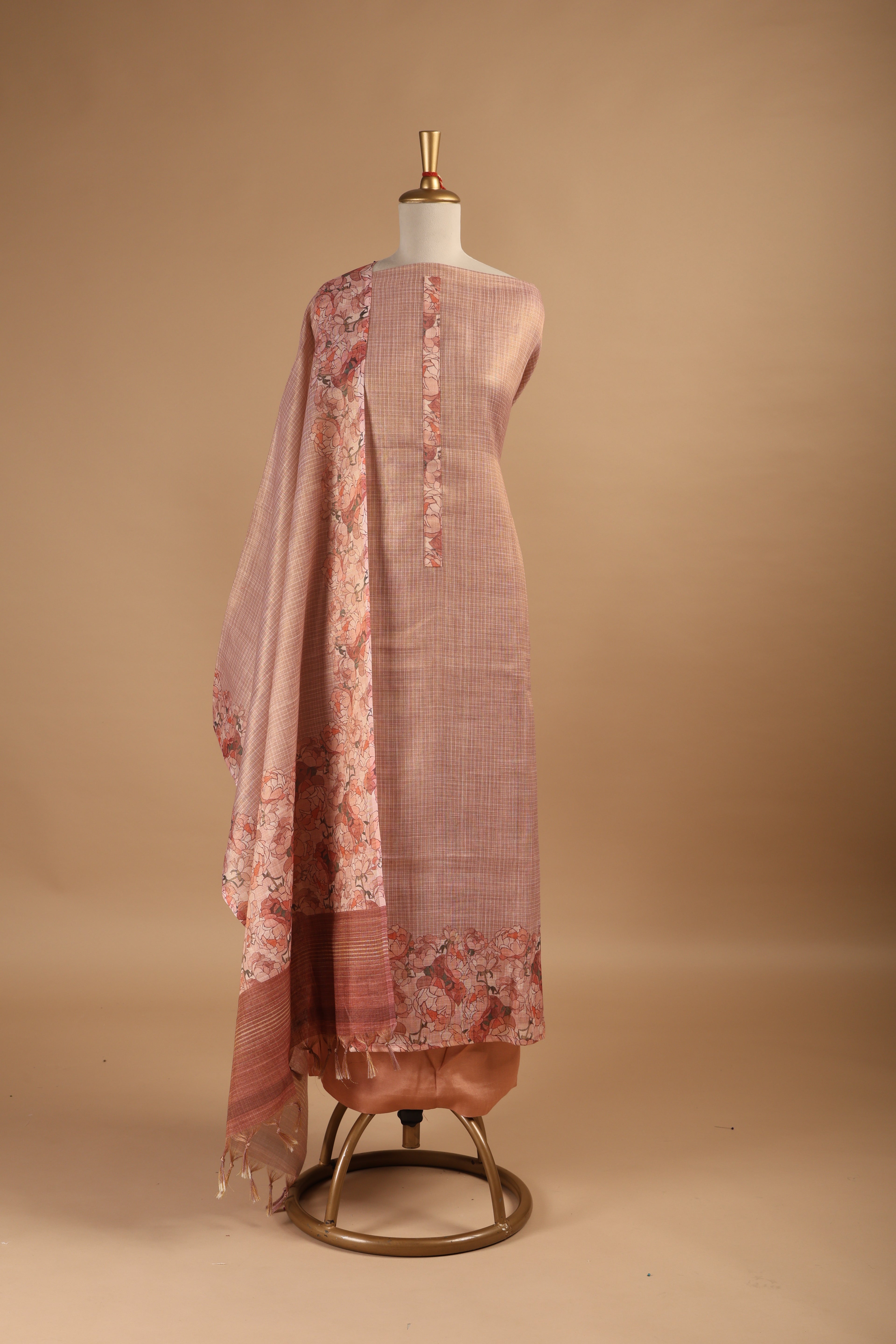 Beige Copper Digital Printed Unstitched Suit Set in Tissue Kota