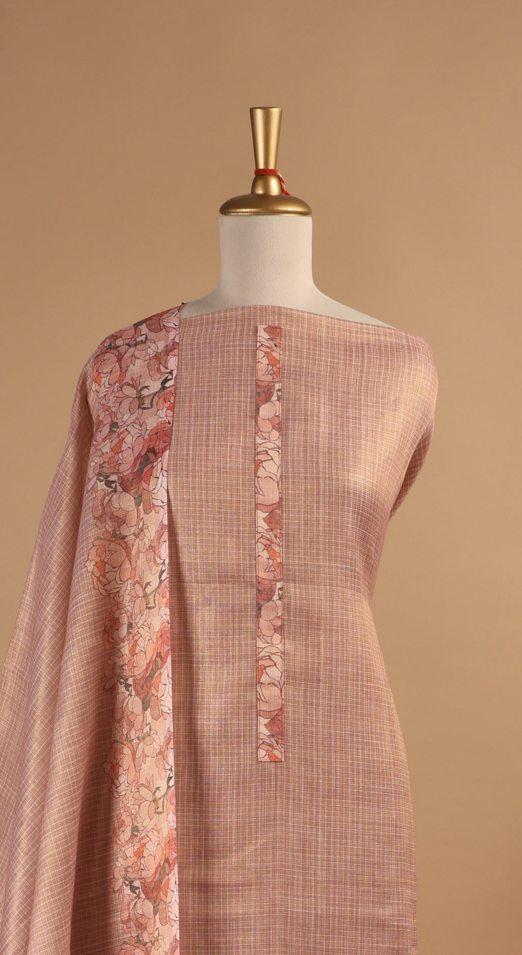 Beige Copper Digital Printed Unstitched Suit Set in Tissue Kota
