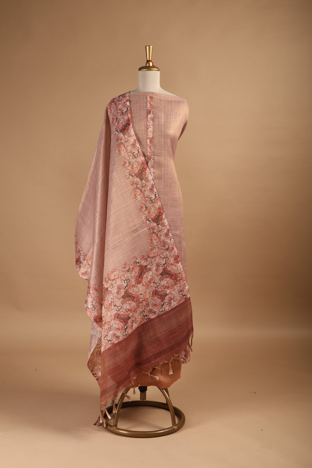 Beige Copper Digital Printed Unstitched Suit Set in Tissue Kota