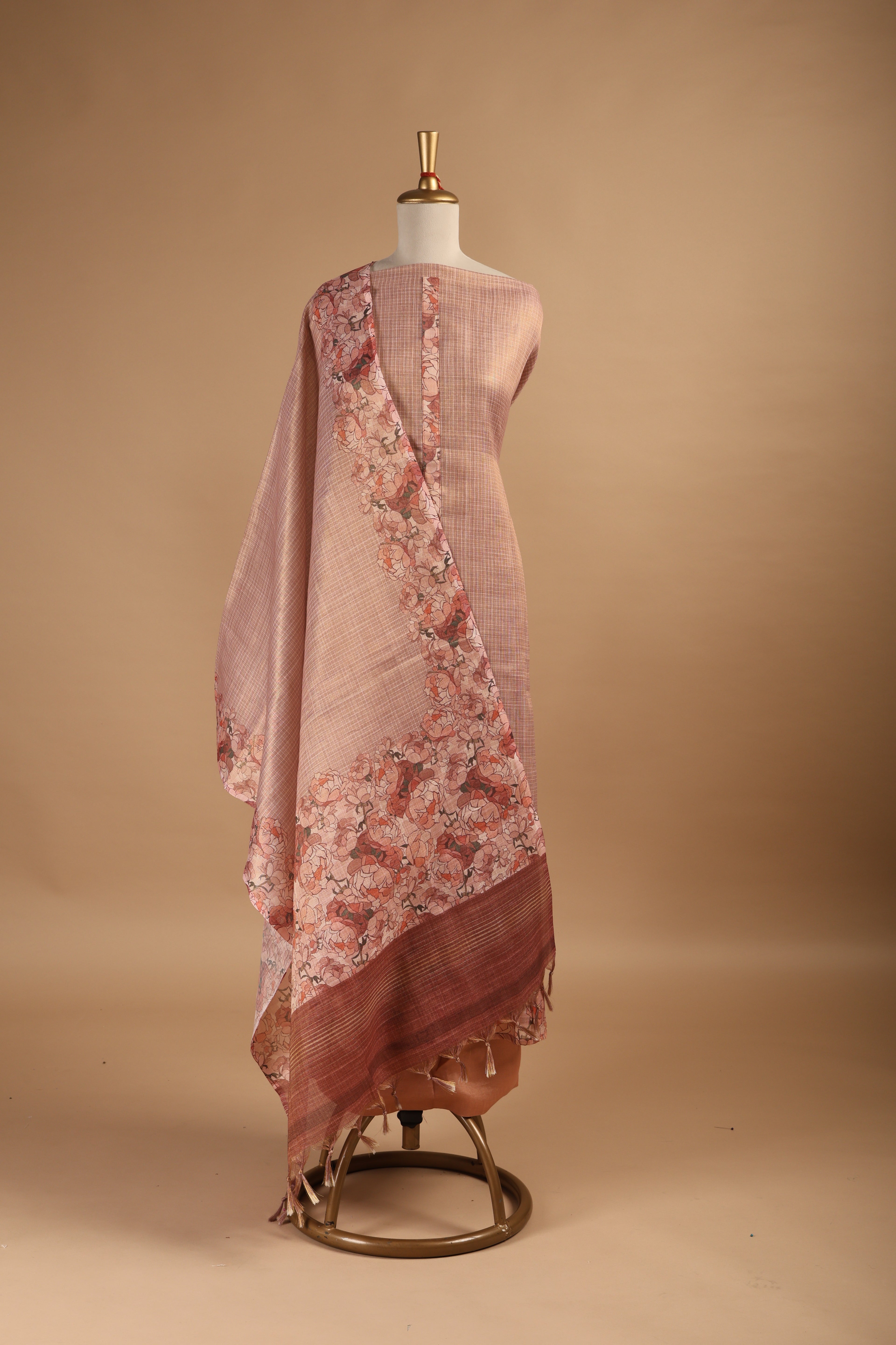 Beige Copper Digital Printed Unstitched Suit Set in Tissue Kota