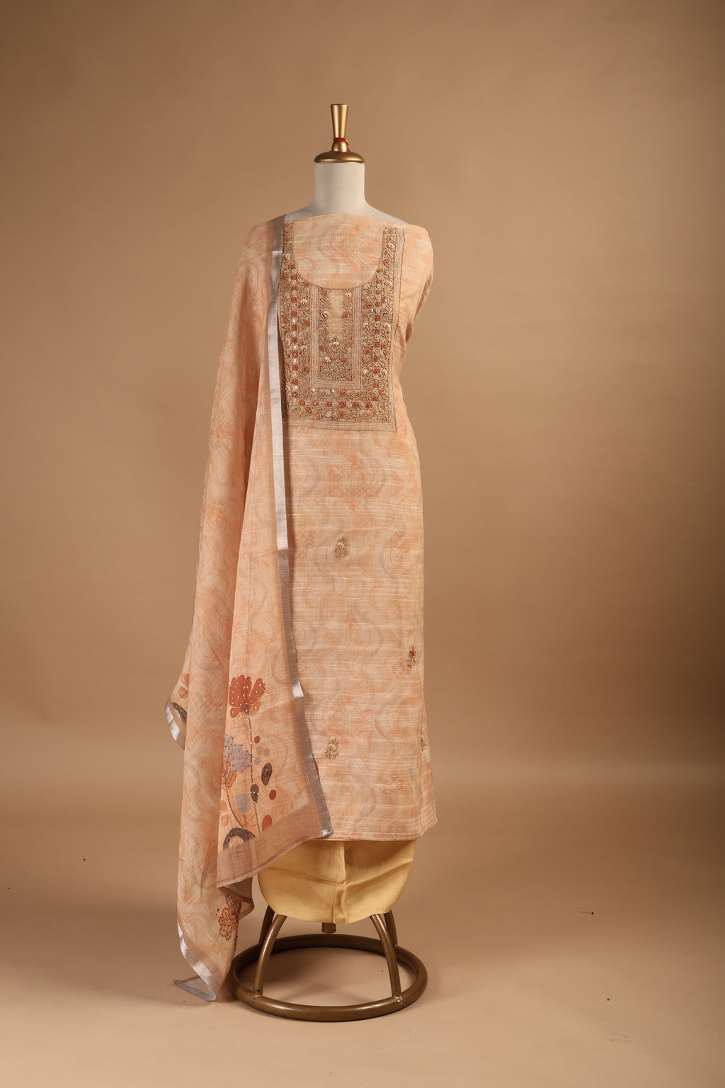 Peach Jamdani Unstitched Suit Set with French Knots Embroidery