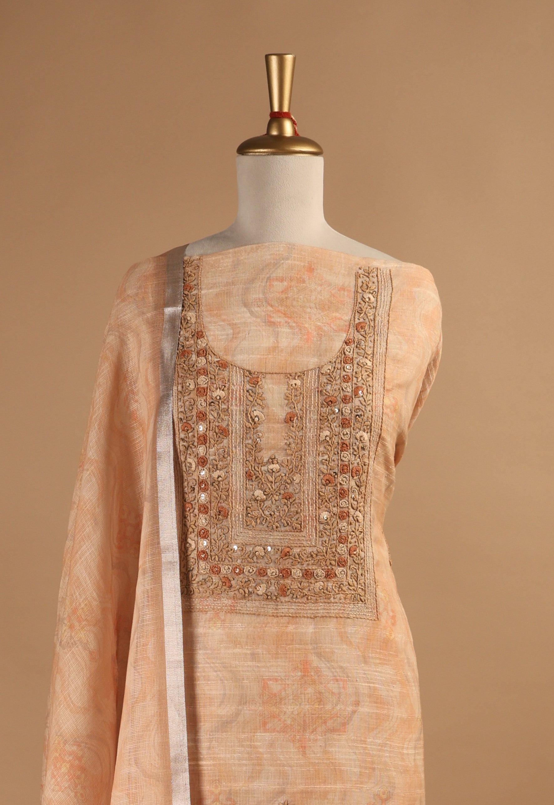 Peach Jamdani Unstitched Suit Set with French Knots Embroidery