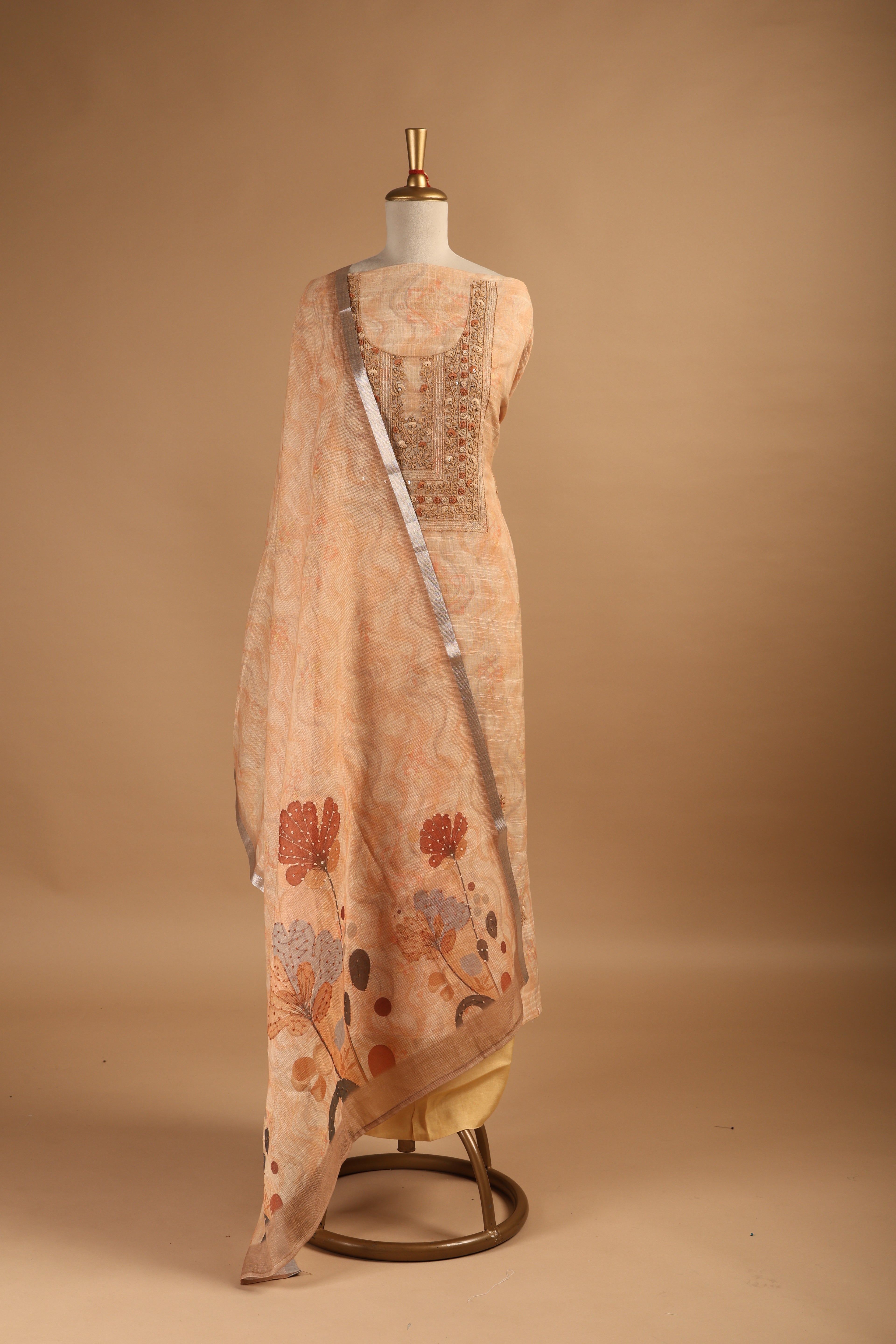 Peach Jamdani Unstitched Suit Set with French Knots Embroidery