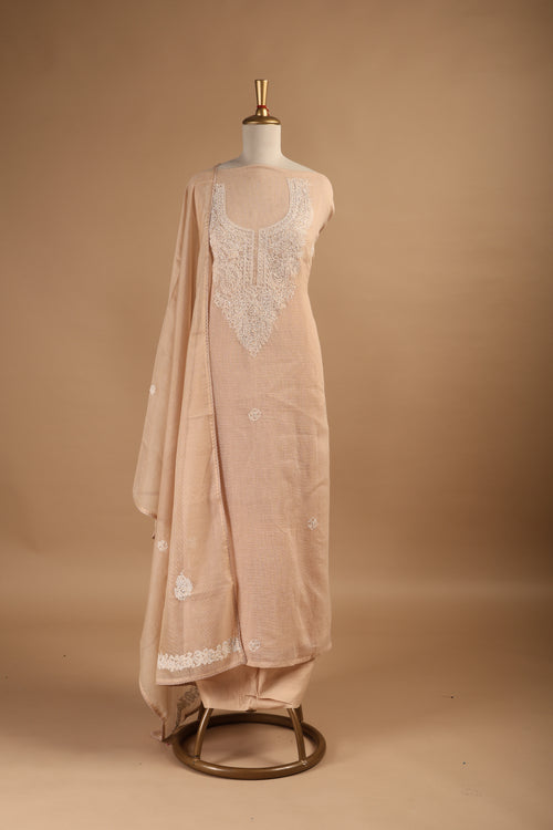 Beige Kantha Embroidered Unstitched Suit Set in Kota Fabric