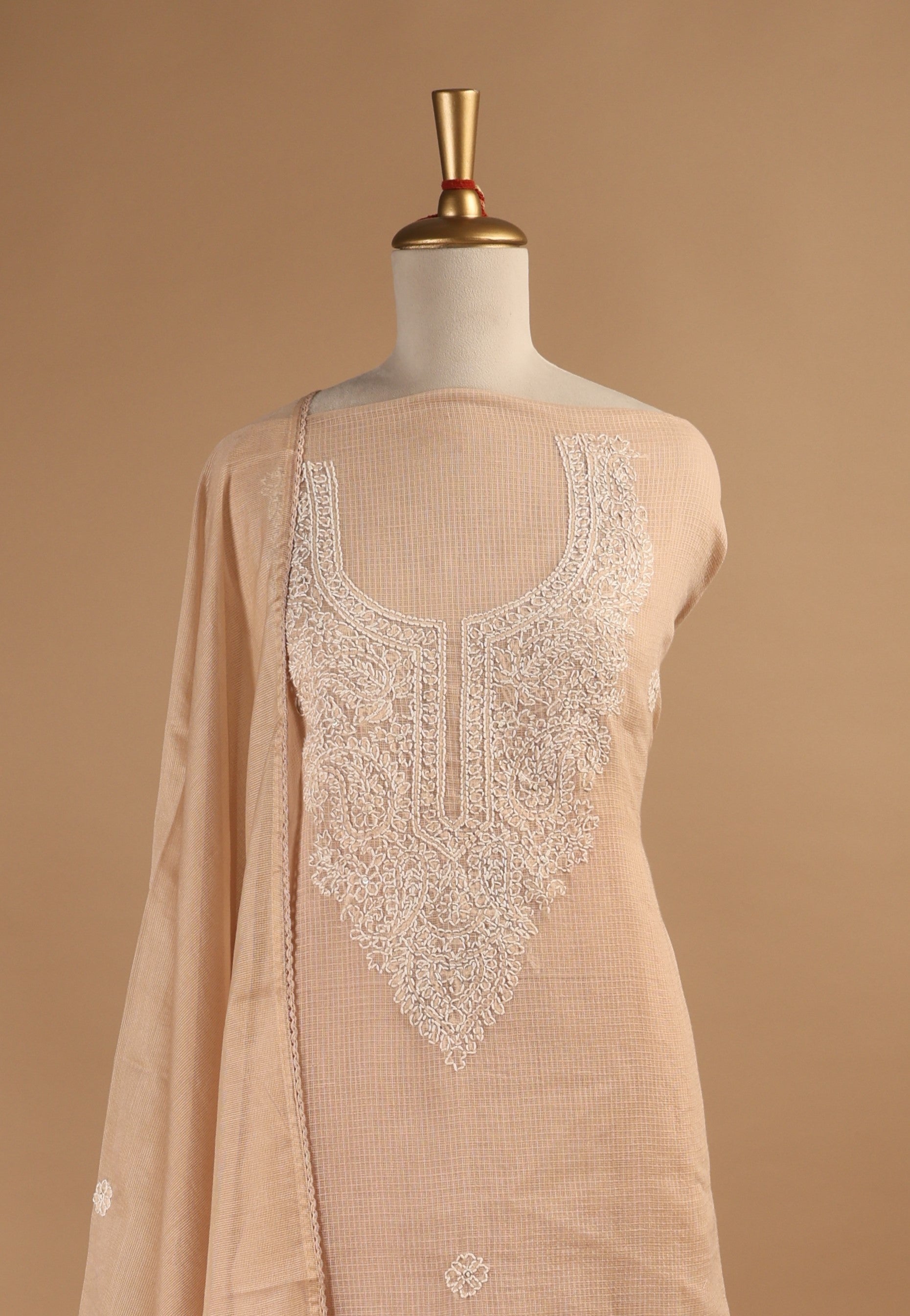 Beige Kantha Embroidered Unstitched Suit Set in Kota Fabric