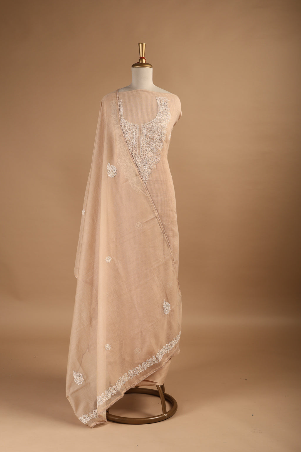 Beige Kantha Embroidered Unstitched Suit Set in Kota Fabric