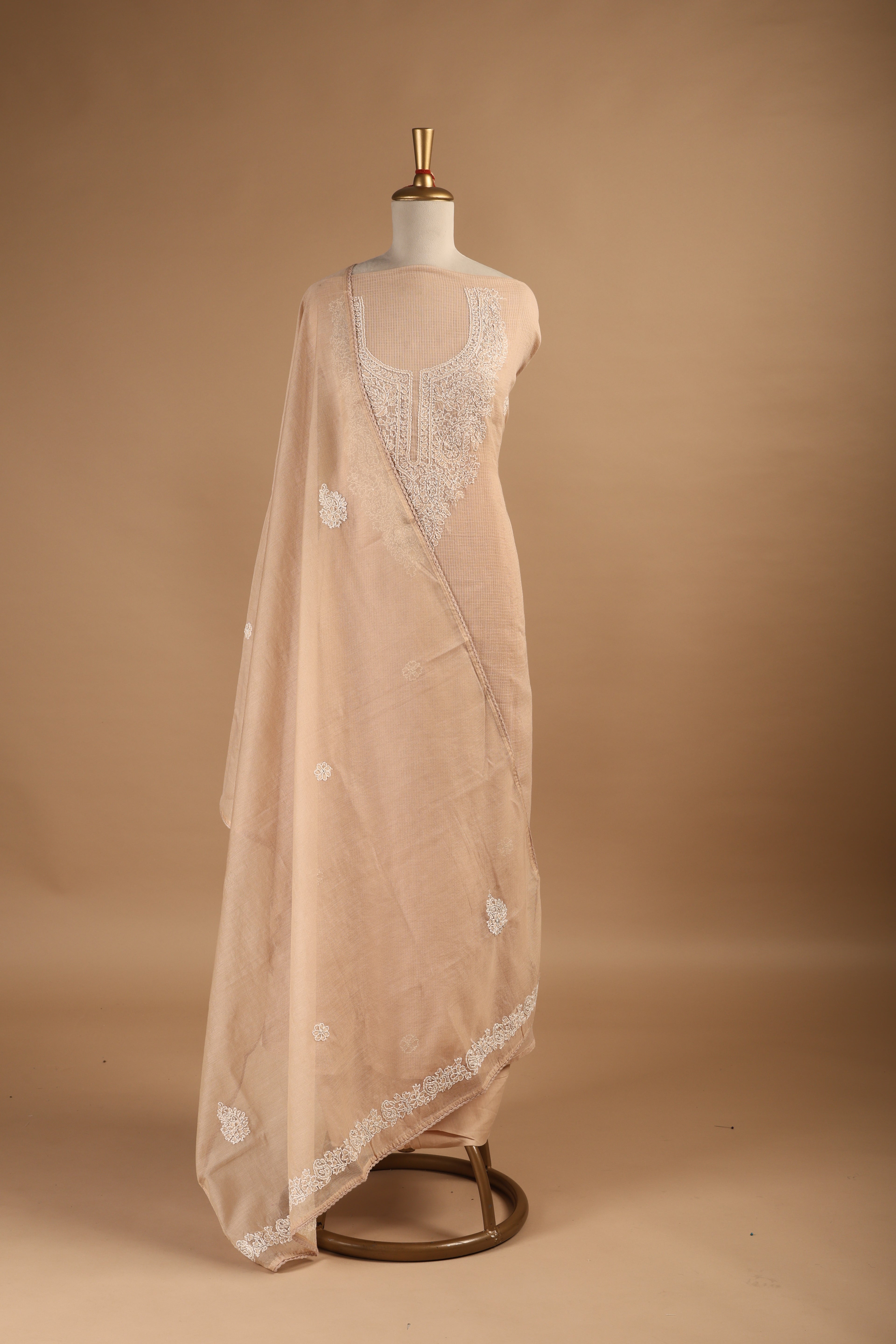 Beige Kantha Embroidered Unstitched Suit Set in Kota Fabric