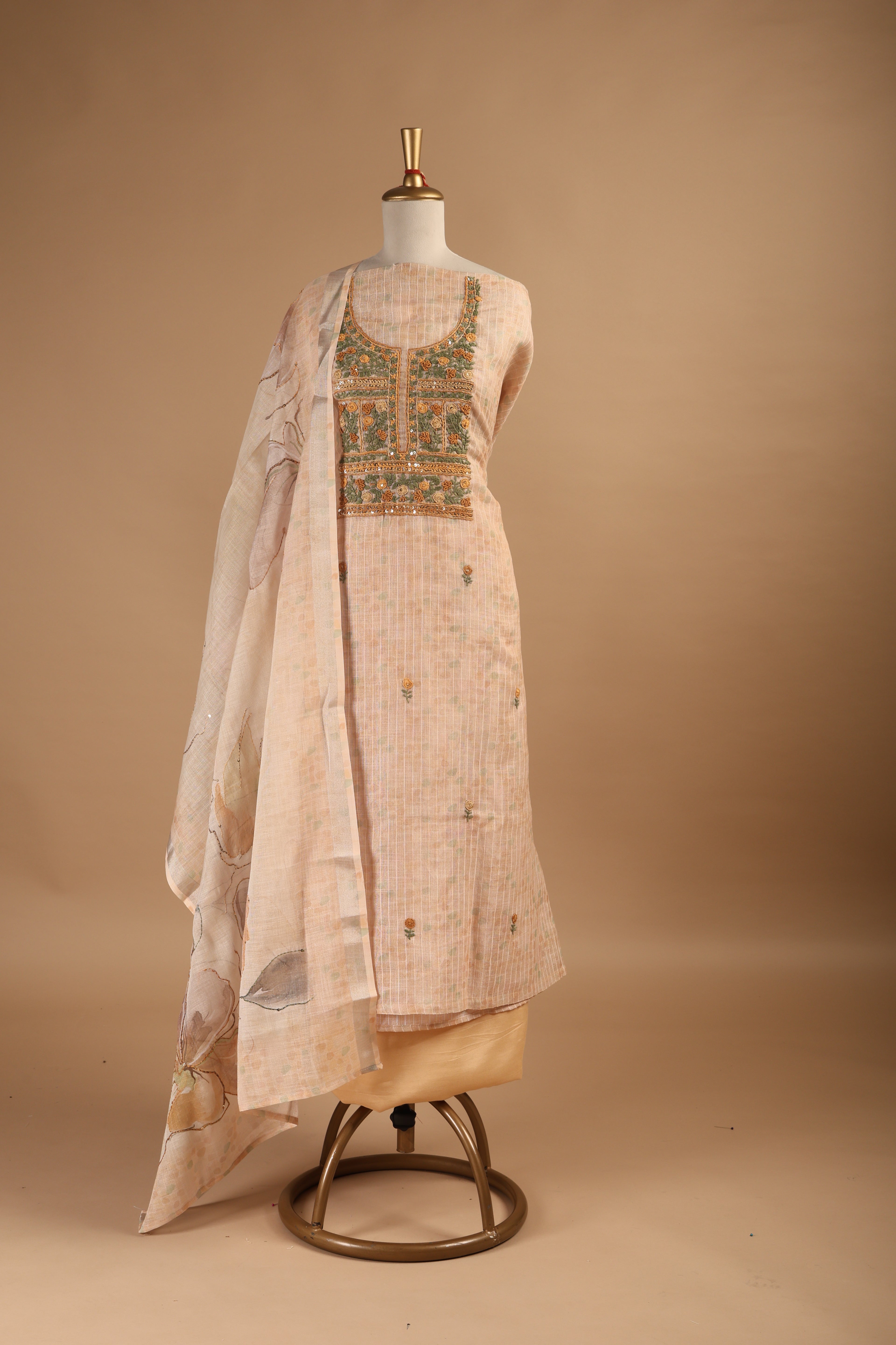 Beige Jamdani Unstitched Suit Set with French Knots Work