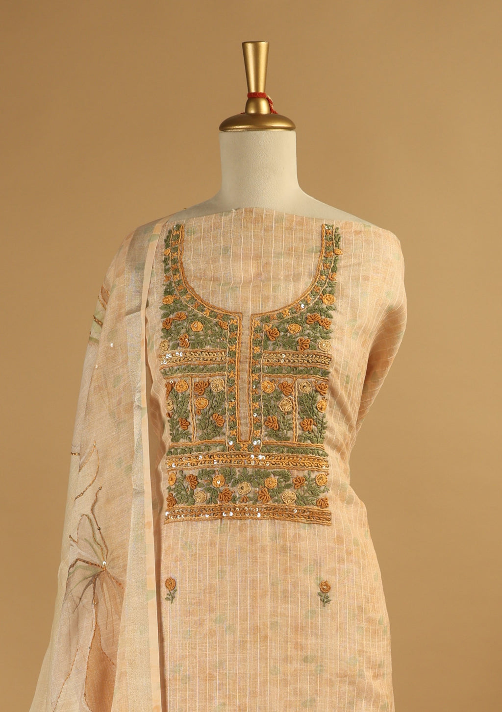 Beige Jamdani Unstitched Suit Set with French Knots Work