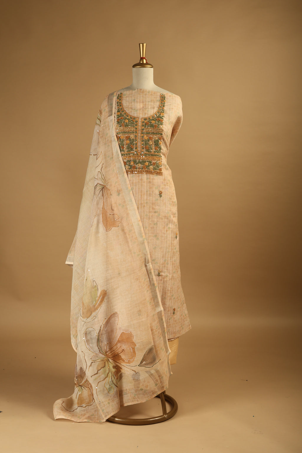 Beige Jamdani Unstitched Suit Set with French Knots Work