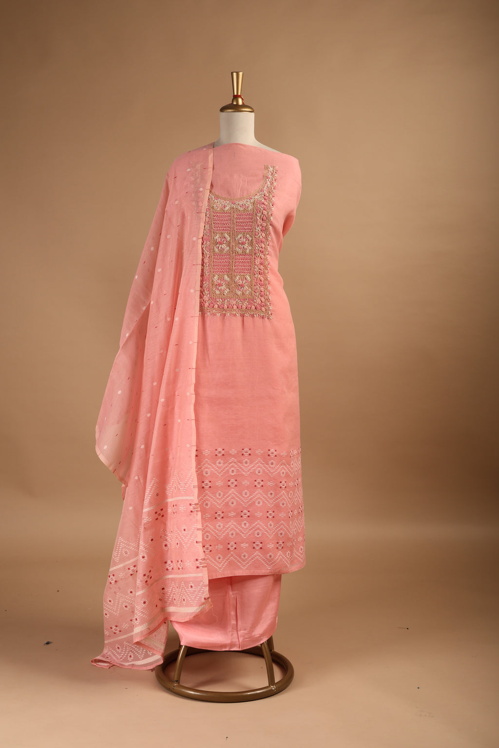 Peach Jamdani Unstitched Suit Set in Mul Chanderi with Embroidery