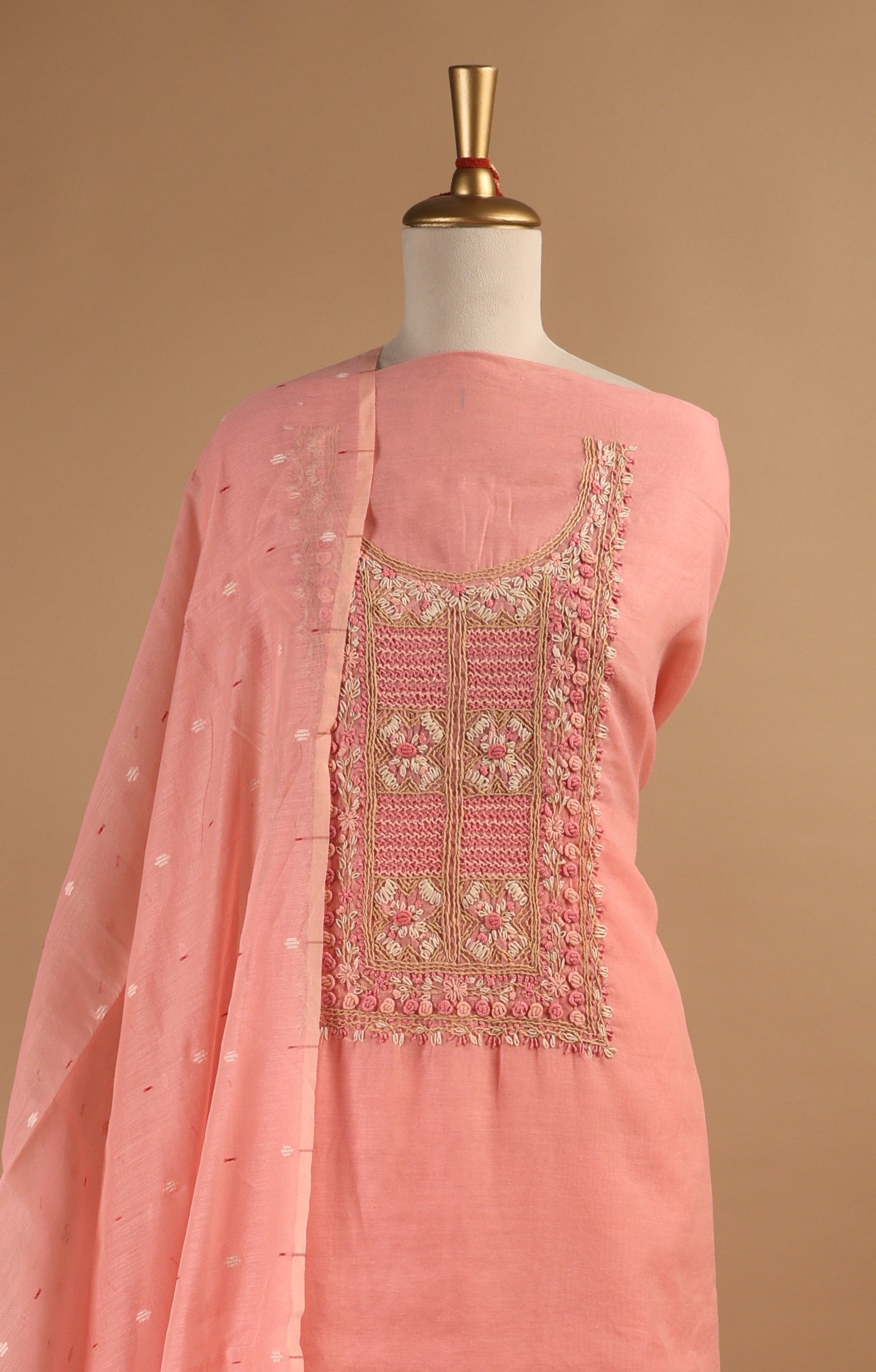 Peach Jamdani Unstitched Suit Set in Mul Chanderi with Embroidery