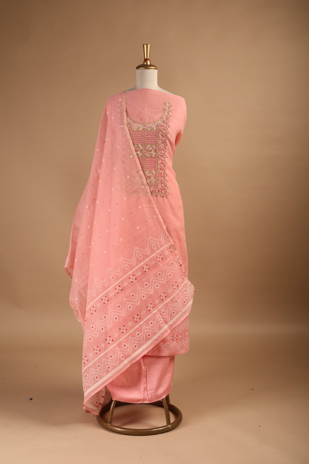 Peach Jamdani Unstitched Suit Set in Mul Chanderi with Embroidery