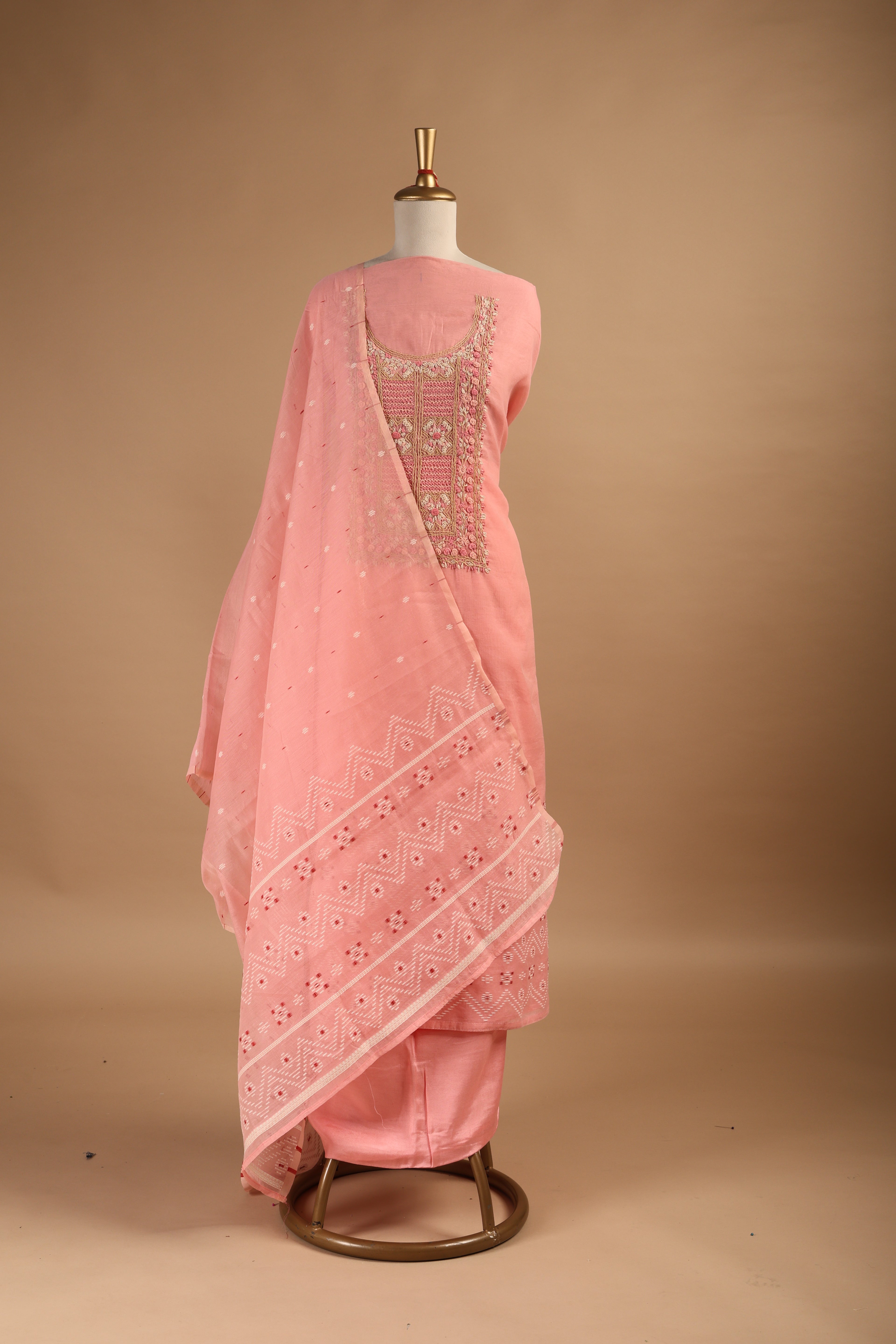 Peach Jamdani Unstitched Suit Set in Mul Chanderi with Embroidery