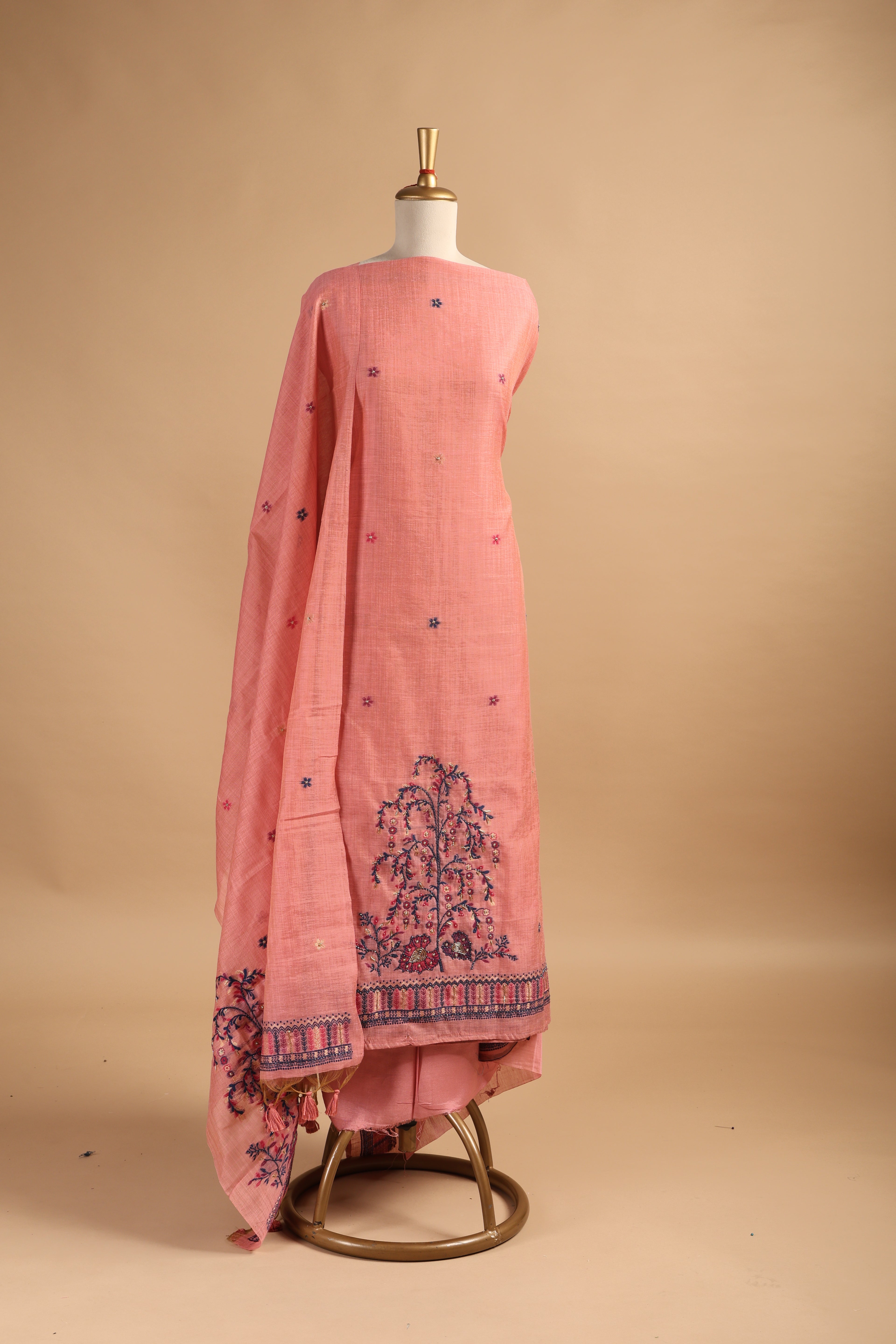 Hand Embroidered Unstitched 3-Piece Suit Set in Chanderi