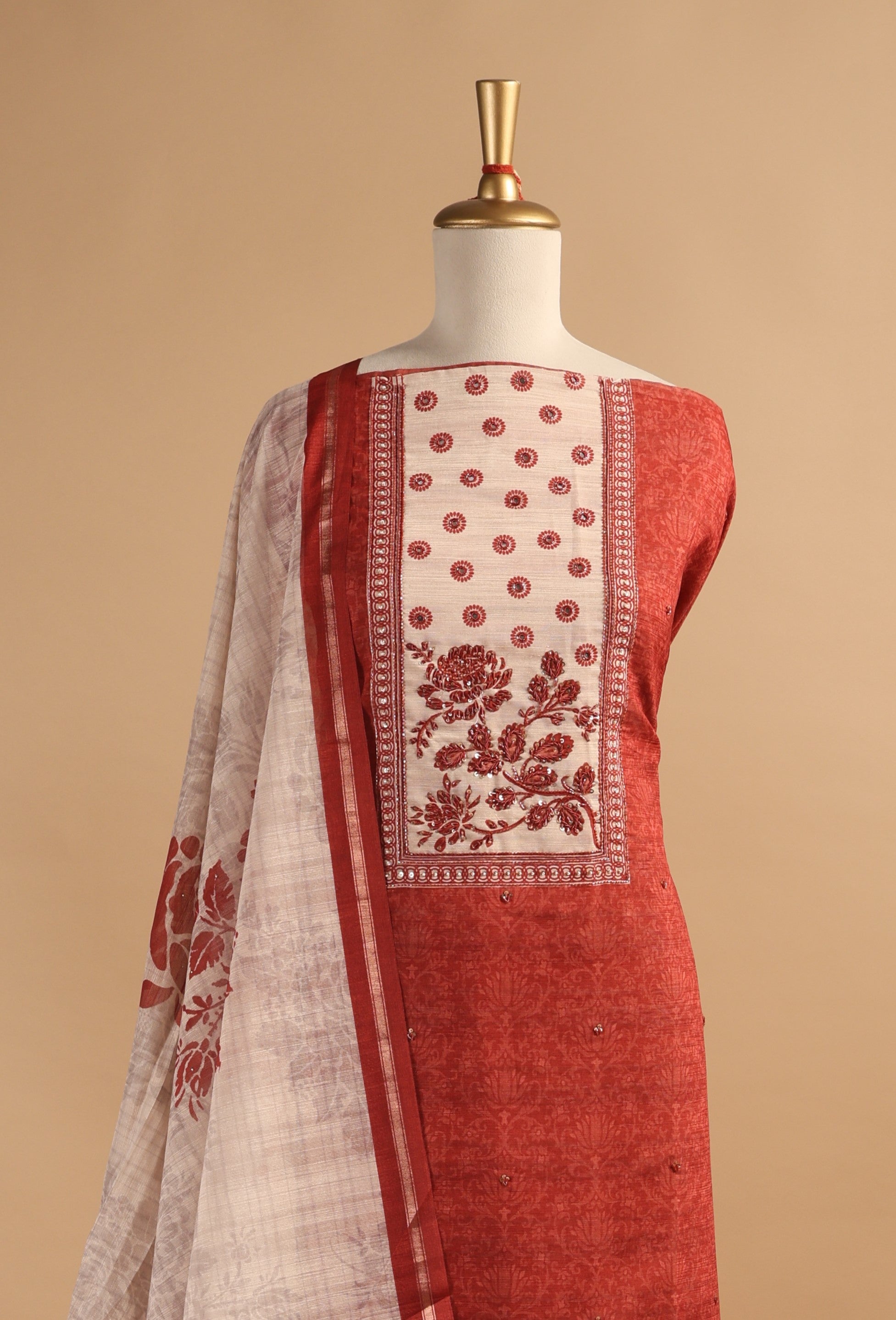 Rust Digital Printed Unstitched Linen Suit Set with Mirror & Zardozi Work  Description: