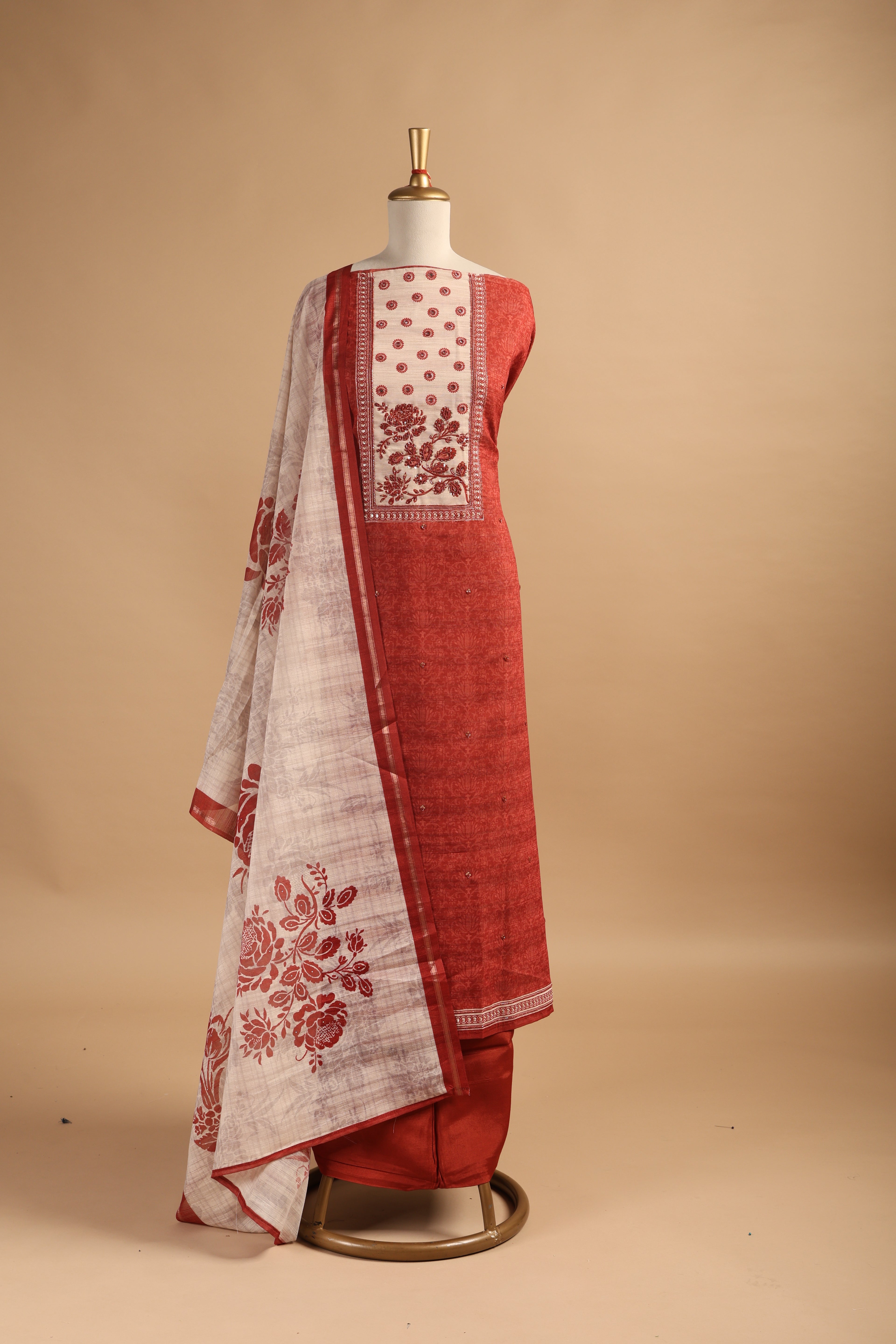 Rust Digital Printed Unstitched Linen Suit Set with Mirror & Zardozi Work  Description:
