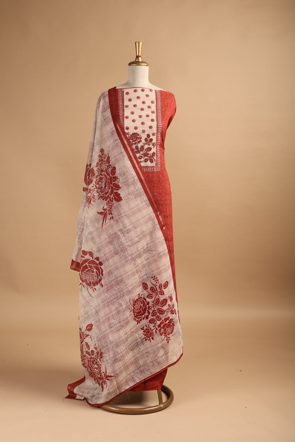 Rust Digital Printed Unstitched Linen Suit Set with Mirror & Zardozi Work  Description: