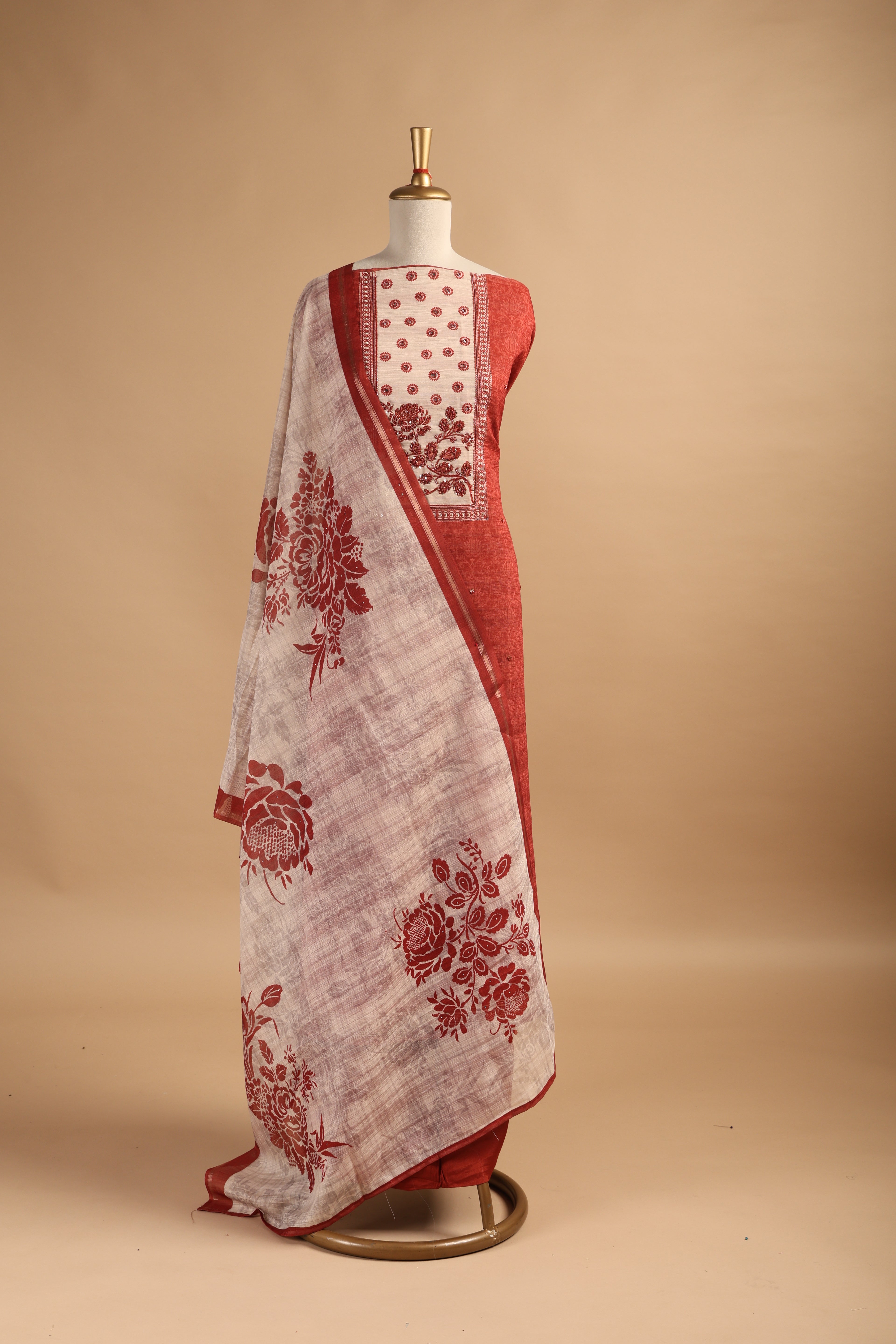 Rust Digital Printed Unstitched Linen Suit Set with Mirror & Zardozi Work  Description: