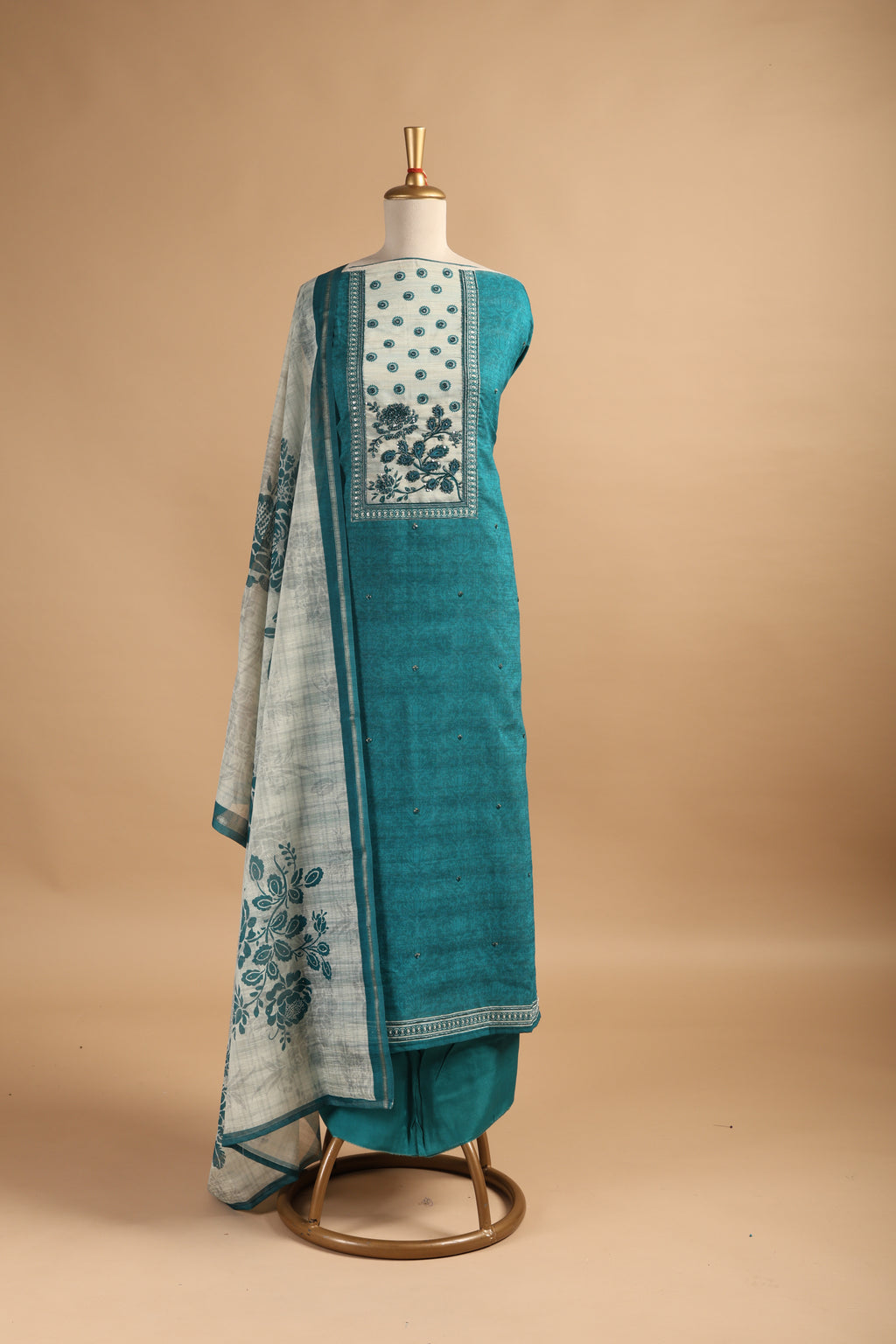 Emerald Green Digital Printed Unstitched Linen Suit Set with Mirror & Zardozi Work  Description: